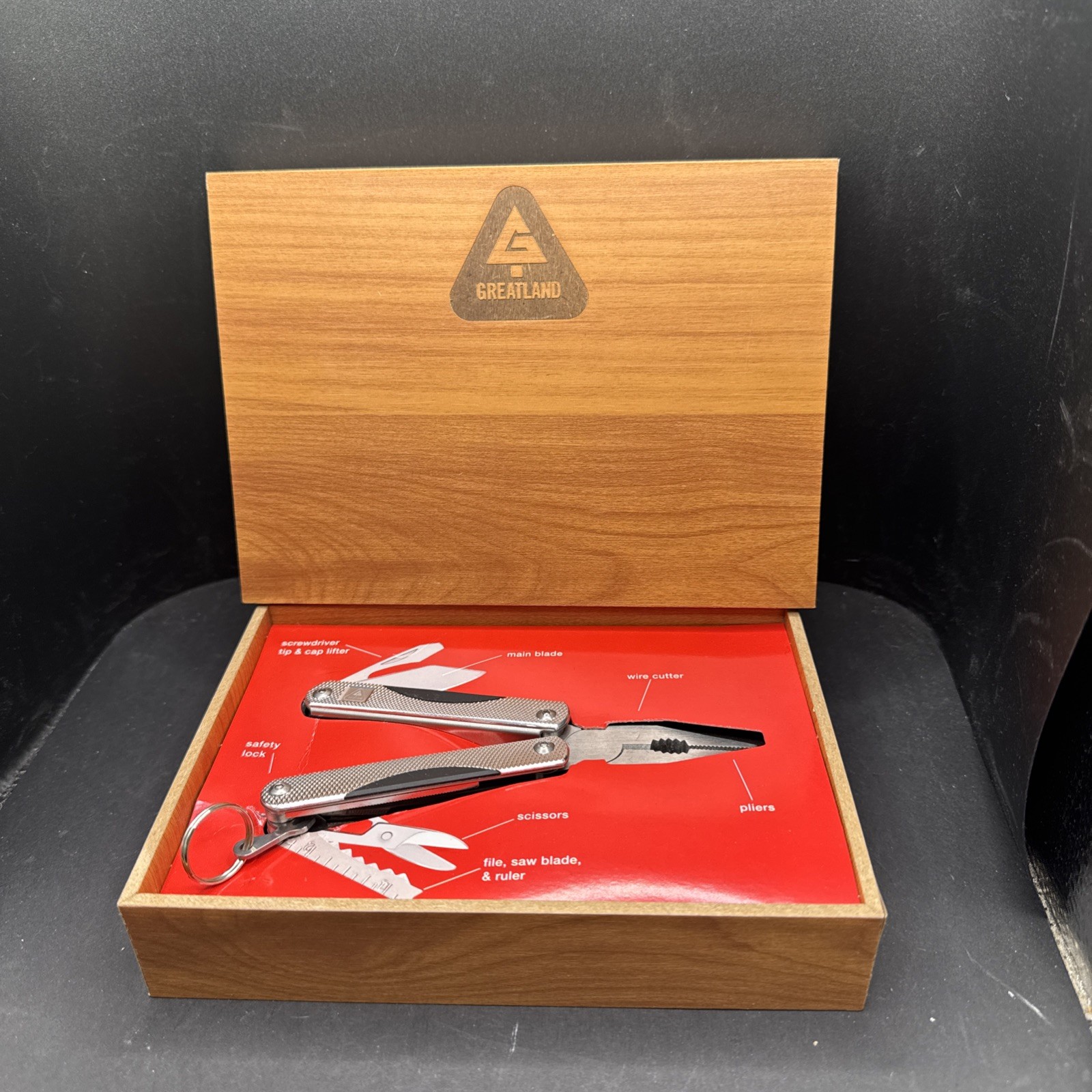 Multi Tool Stainless Steel Pliers Knife Set New in Faux Wood Box Greatland