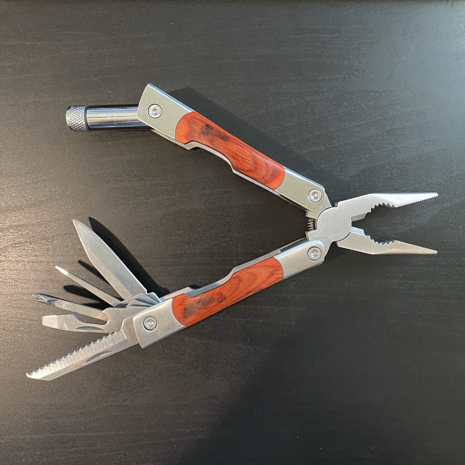 Kirschler Multi-Tool Wood Metal Handle Pliers Knife Screwdrivers LED Light