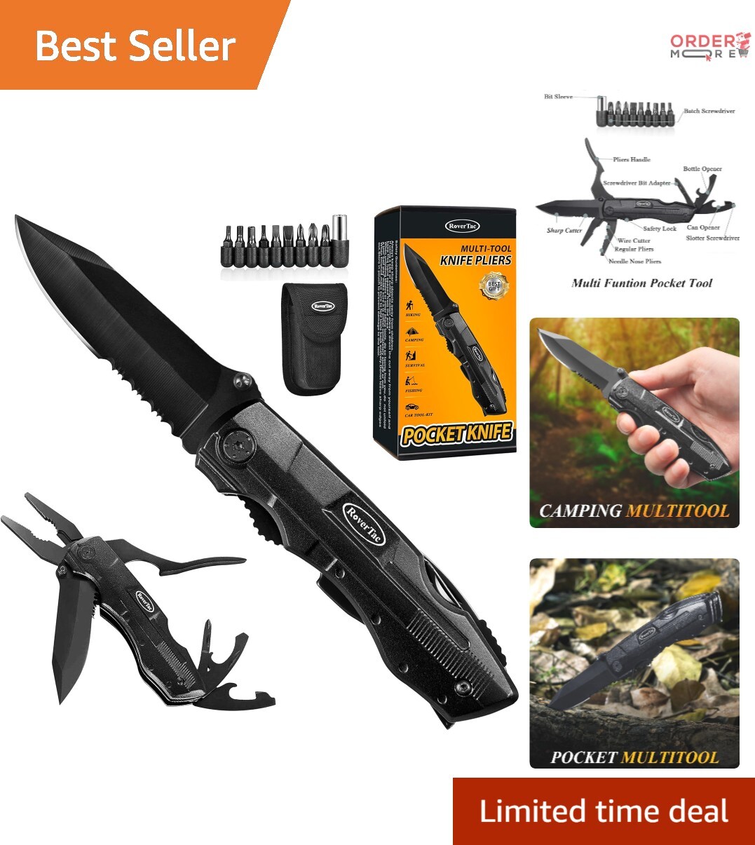15-in-1 Pocket Knife Multitool, Stainless Steel, Compact, Ergonomic for Camping