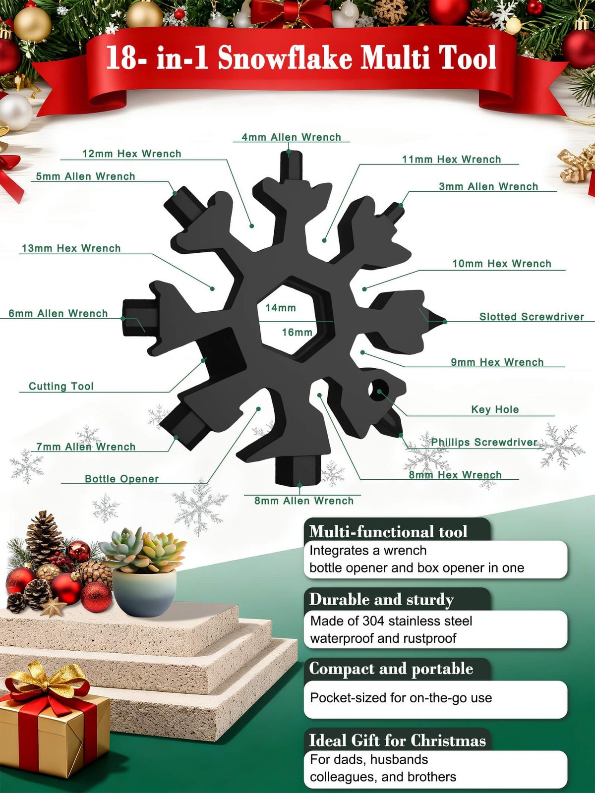 ZONICE 18-in-1 Snowflake Multi Tool – Stainless Steel with Silver + Black
