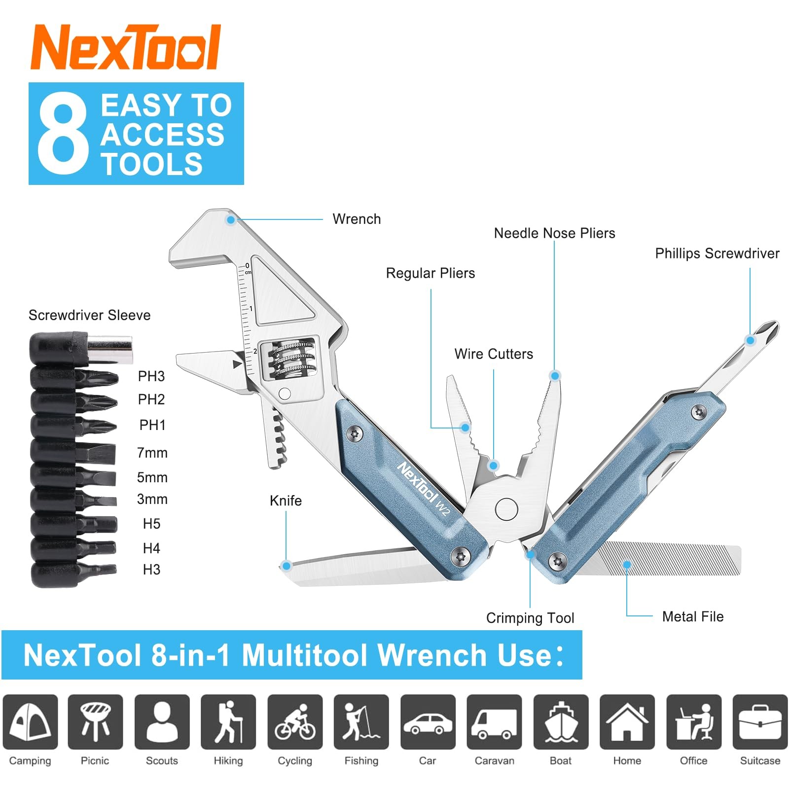 W2, 8 in 1 Multi Tool with Adjustable Wrench, Multitool Pliers, Pocket Knife,…