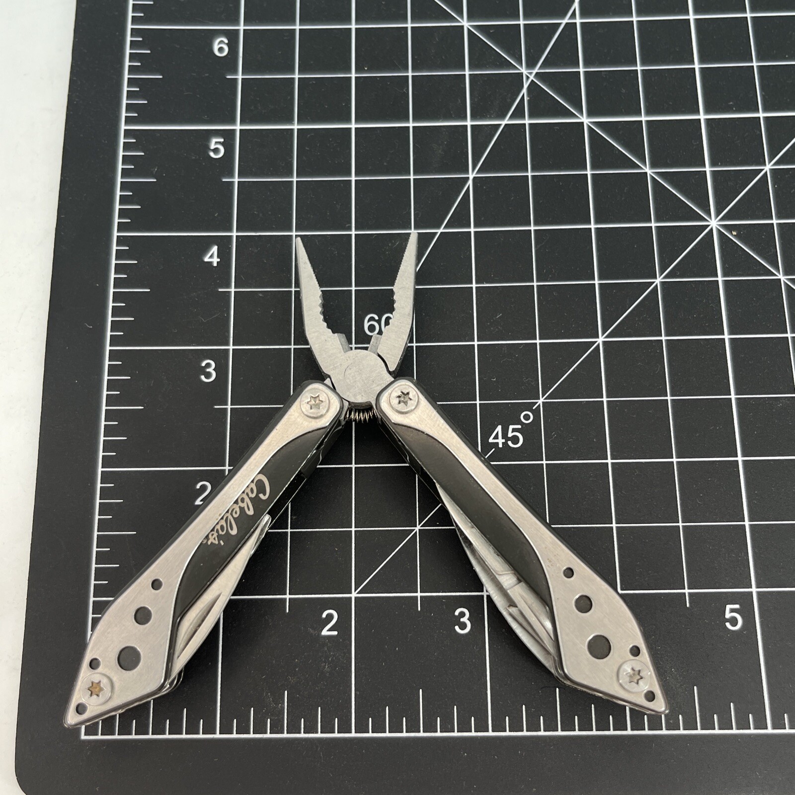 LOT OF 2 Cabela’s SILVER & BLACK Mini Multi-Tool Spring Open Pliers Scissors Saw