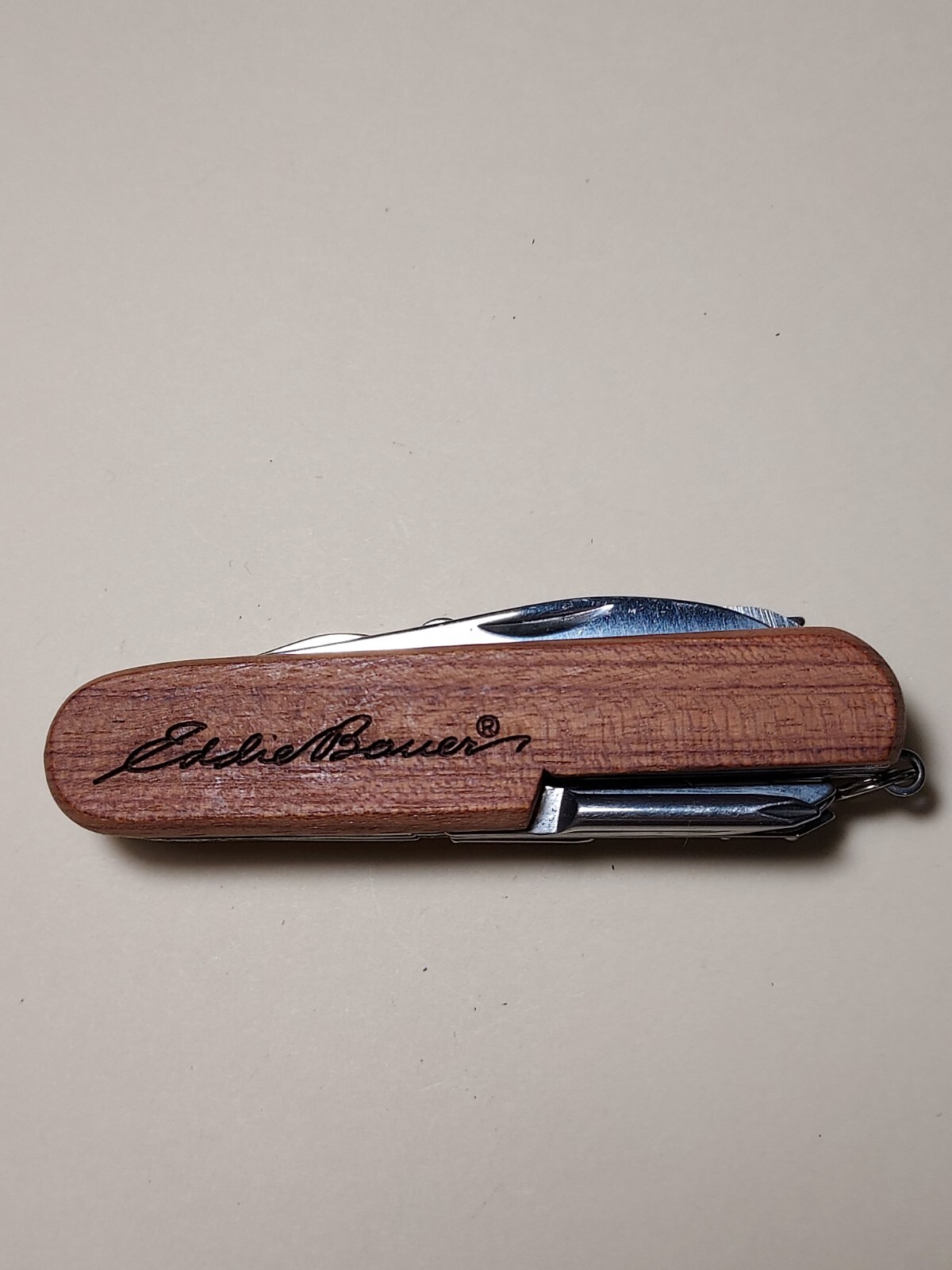 Eddie Bauer advertising Wood Handle Multi Tool *scissors needs repair*
