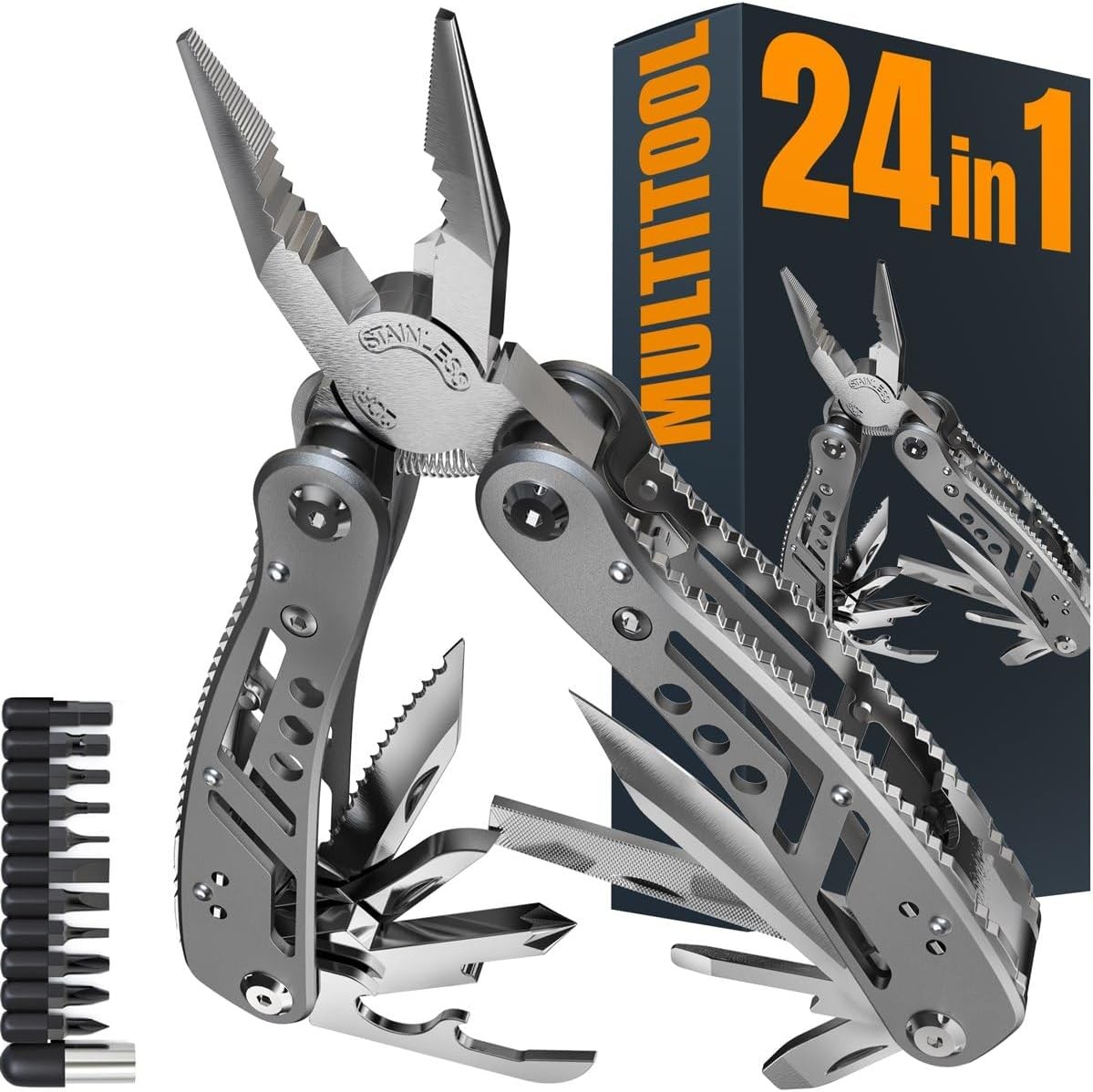 24-in-1 Multitool W/ Knife Pliers & 11 Bits Sharp Stainless Steel Multi Tool Men