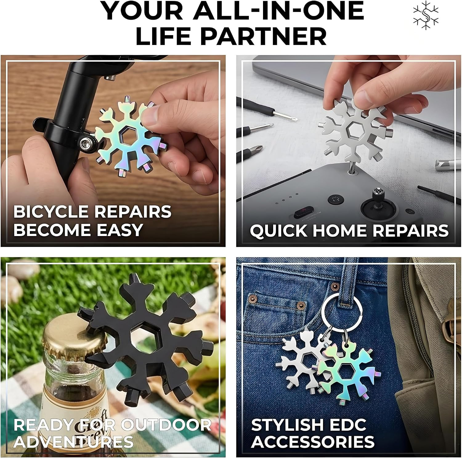 3Packs Snowflake Multi Tool, 18-In-1 Stainless Steel Snowflake Multitool for Bot