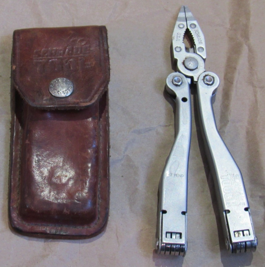 VTG Schrade Tough-Tool Multi-Tool Pliers Knife w/ Leather Sheath USA Made metal