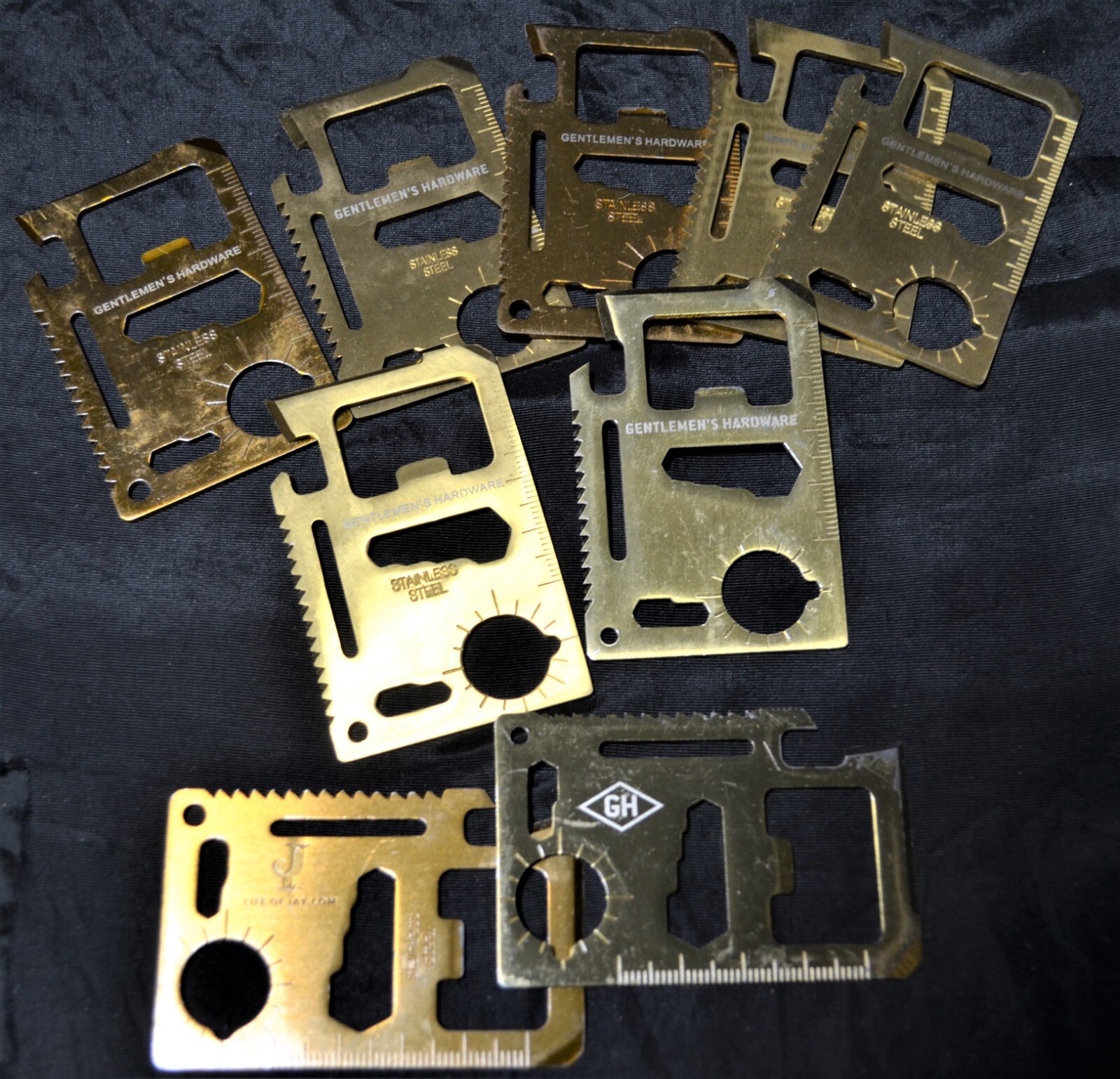 Lot of 9 Wallet Multi Survival Tool Stainless Steel Credit Card Size Thin Bronze