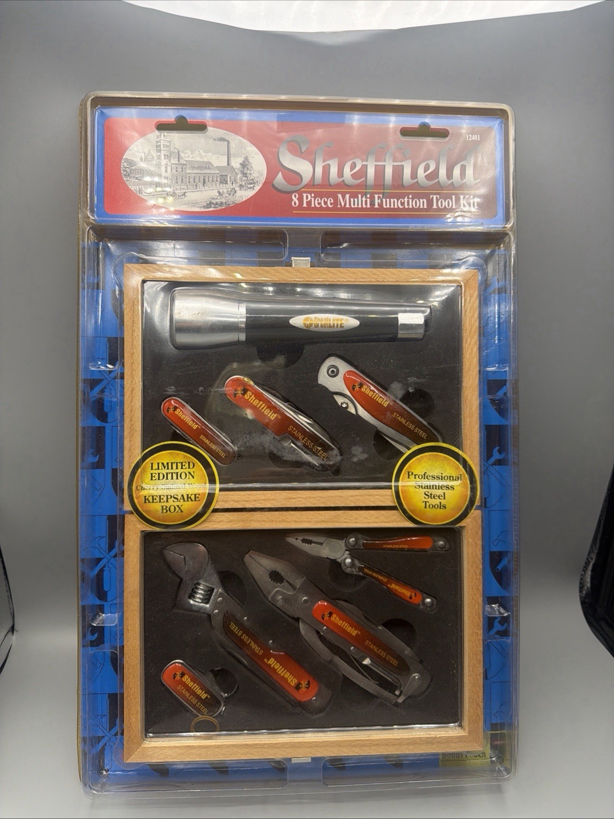 Sheffield 8 Pc Tool Kit Pocket Knife flashlight Pouch 12401 – New, Sealed W/ Box