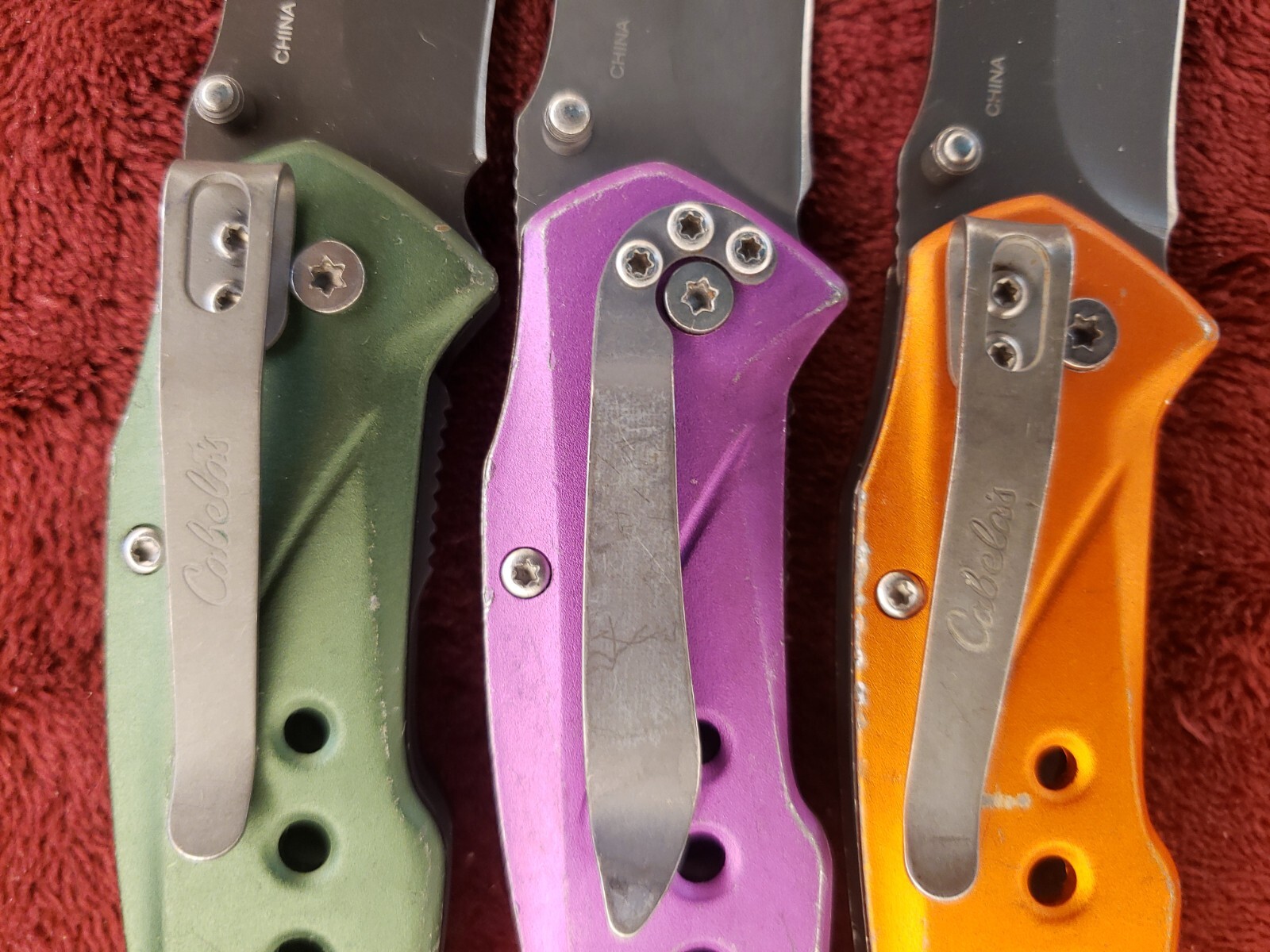 Lot 3 Cabela’s Plain Edge Liner Lock Aluminum Scale Folding Green Purple Orange