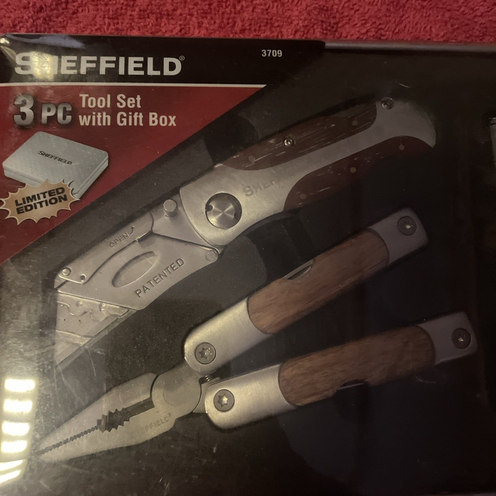 NEW Sheffield 3 Pc Tool Set With Tin Box Multi Tool Utility Knife Flashlight