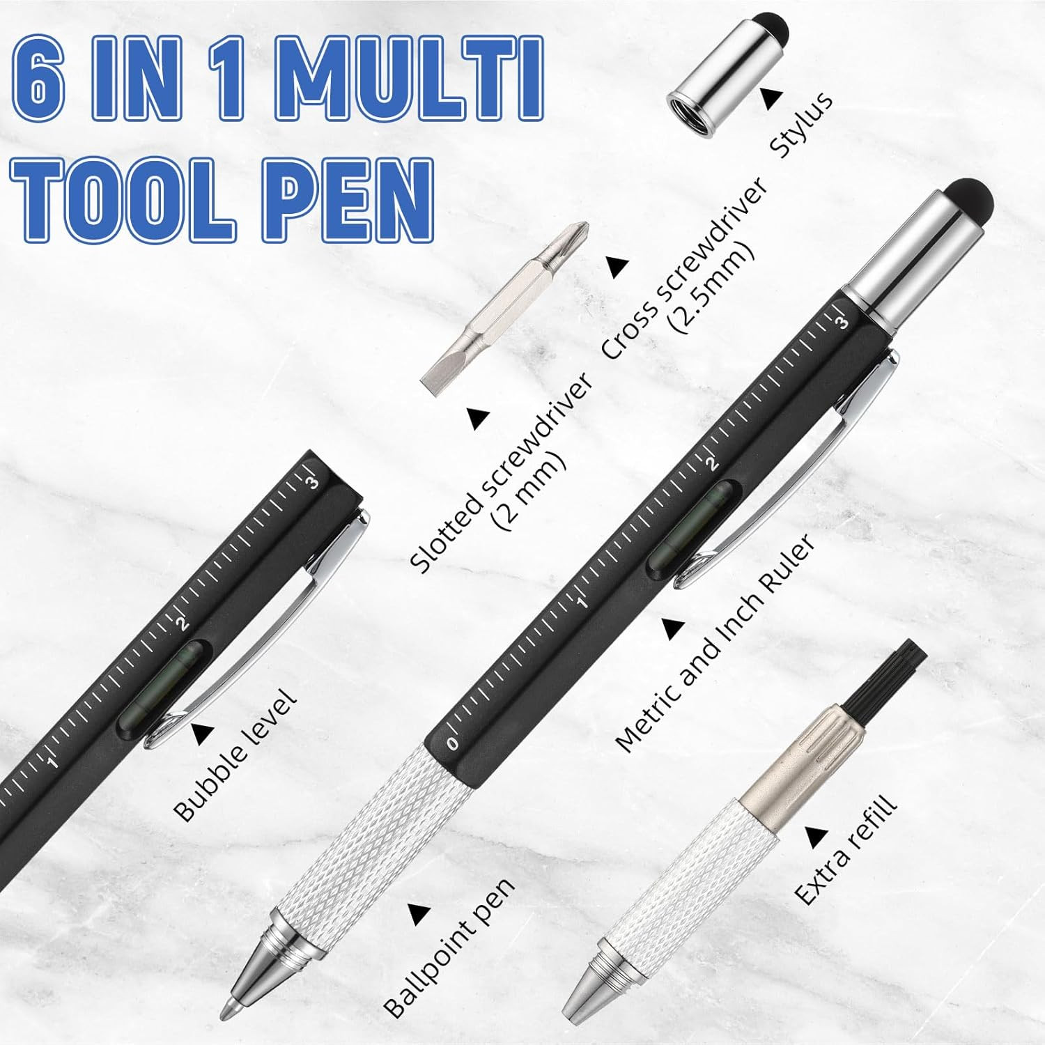 Yeaqee 40 Pcs Gifts for Adult Men:6 in 1 Multi Tool Pens with Refills Ruler Leve