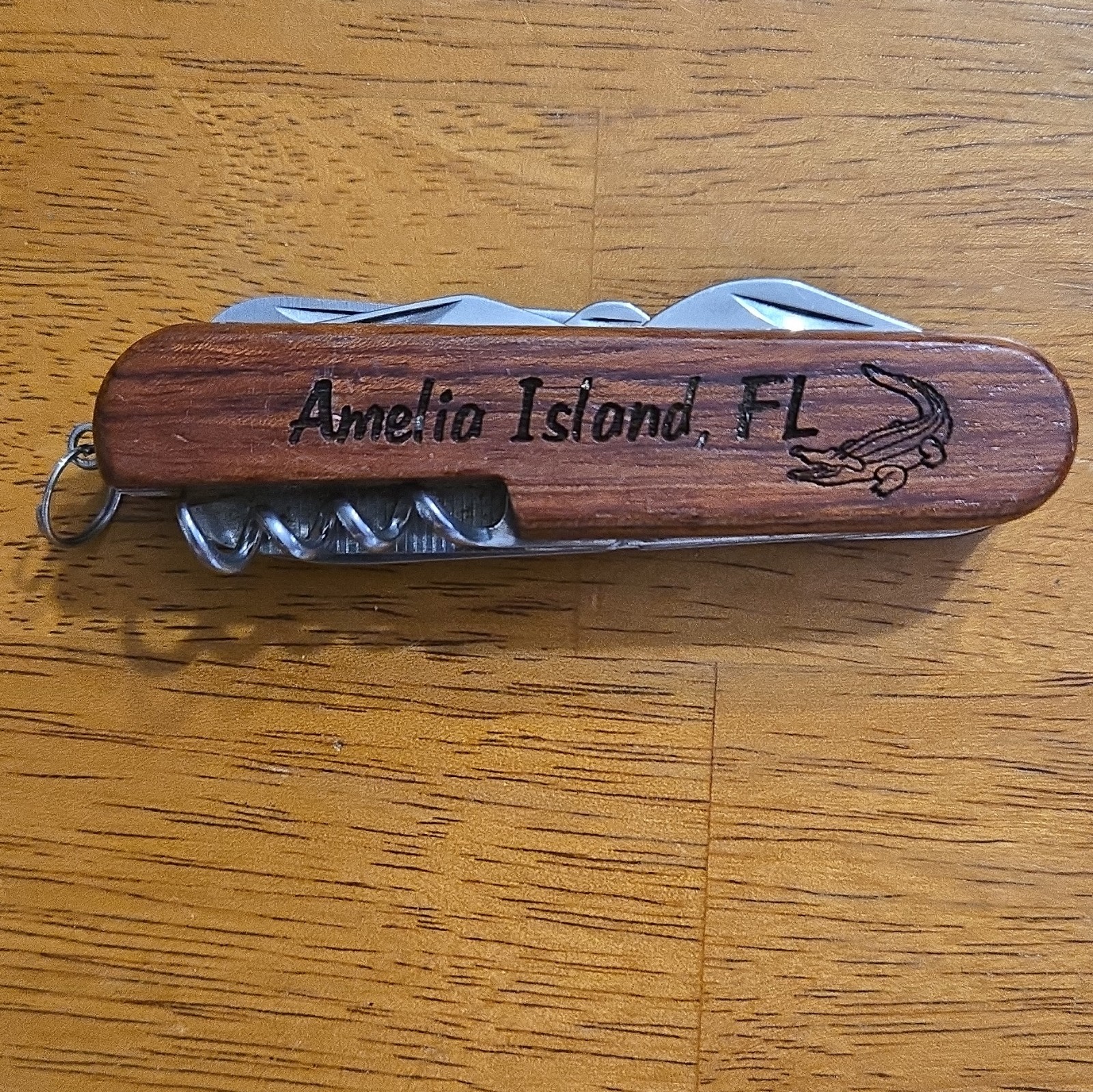 Wood Handle 5-in-1 Multi-Tool Pocket Knife Corkscrew File Lanyard Ring