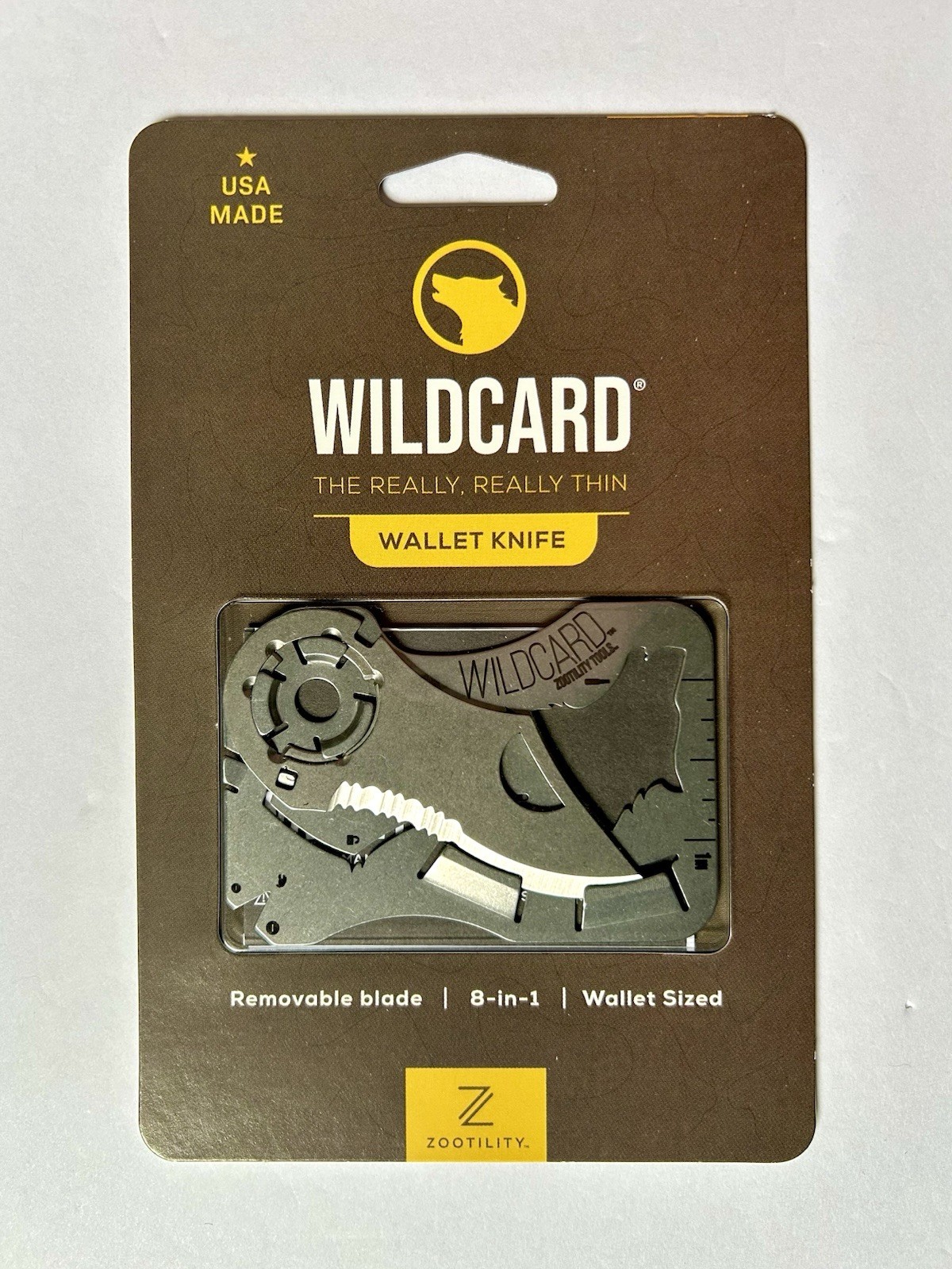 NEW! Zootility WILDCARD WALLET KNIFE 8-in-1 Multi-Tool, Stainless Steel, 2×3”
