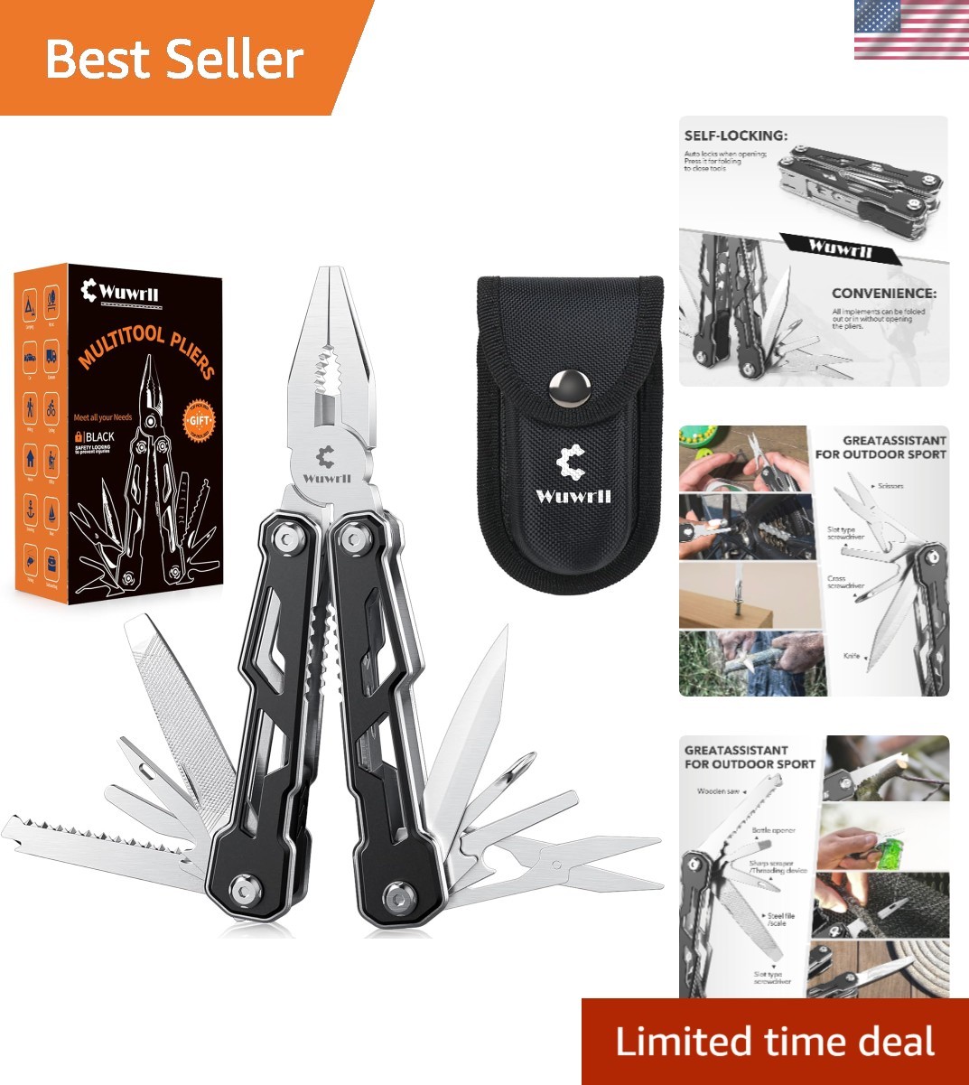 16-in-1 Multi Tool Pliers Stainless Steel Multitool Pocket Knife w/Pouch