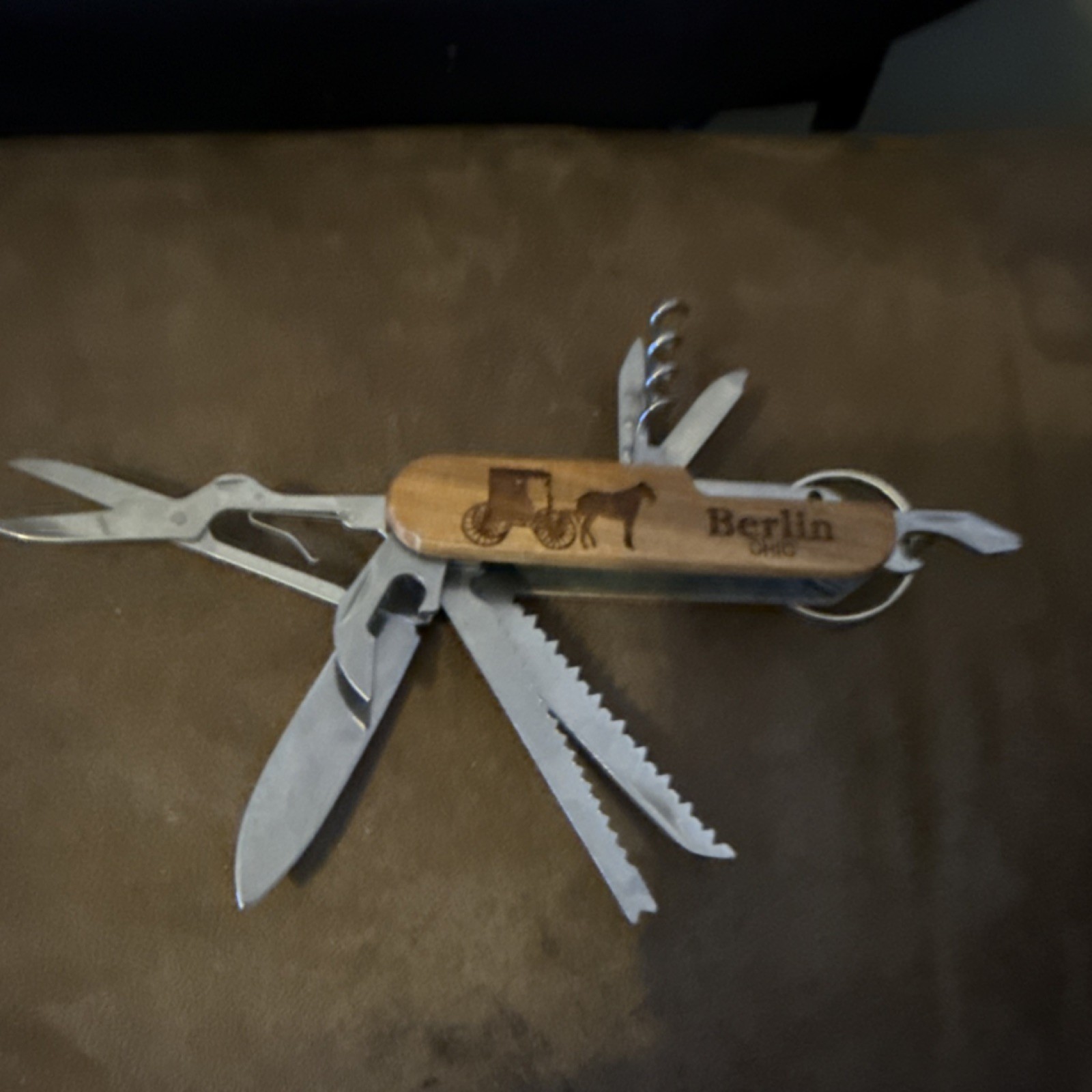Wood Handle Multi-Tool Key Ring Knife, Scissors, Saw, Corkscrew, Bottle Opener