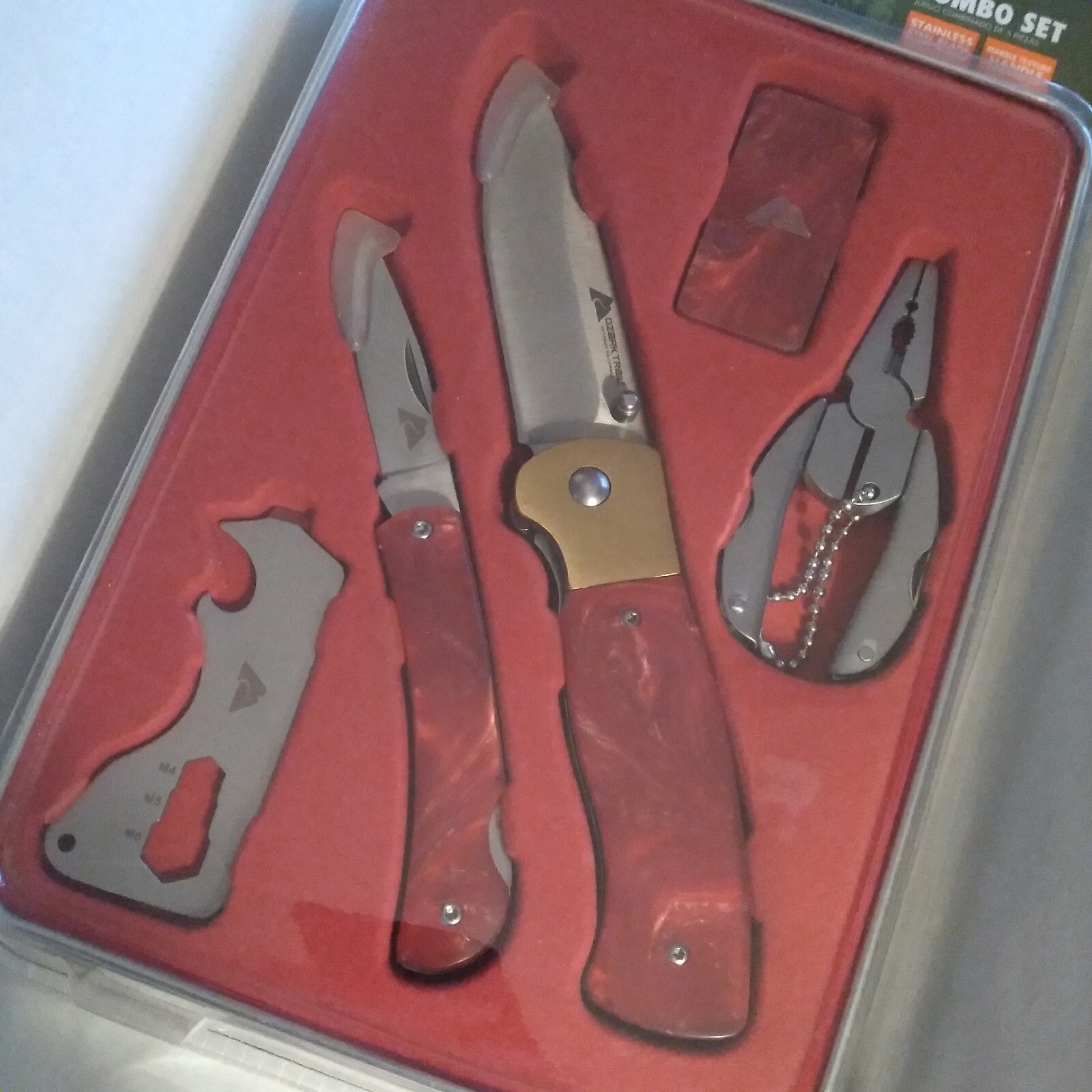 OZARK TRAIL 5 Pc COMBO SET 2 Knives Multi Tool Money Clip Pliers Metal Tin NEW