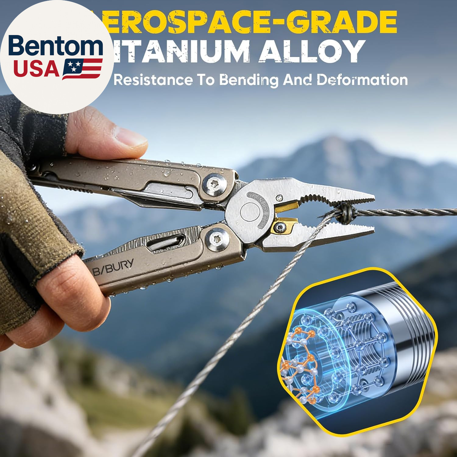 Titanium Alloy Multitool with Damascus Knife, EDC Multi Tools with Replaceable W