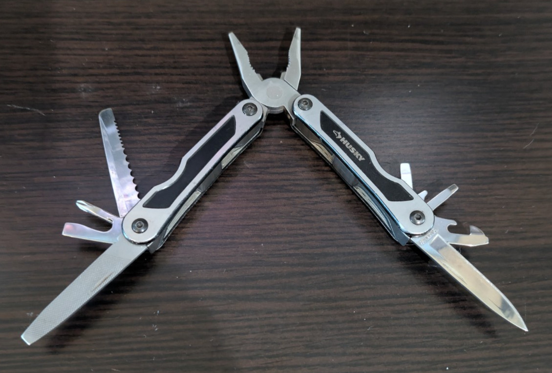 Lot of 5 Multi Tools Husky Stainless Pliers Knife Saw File Screwdrivers