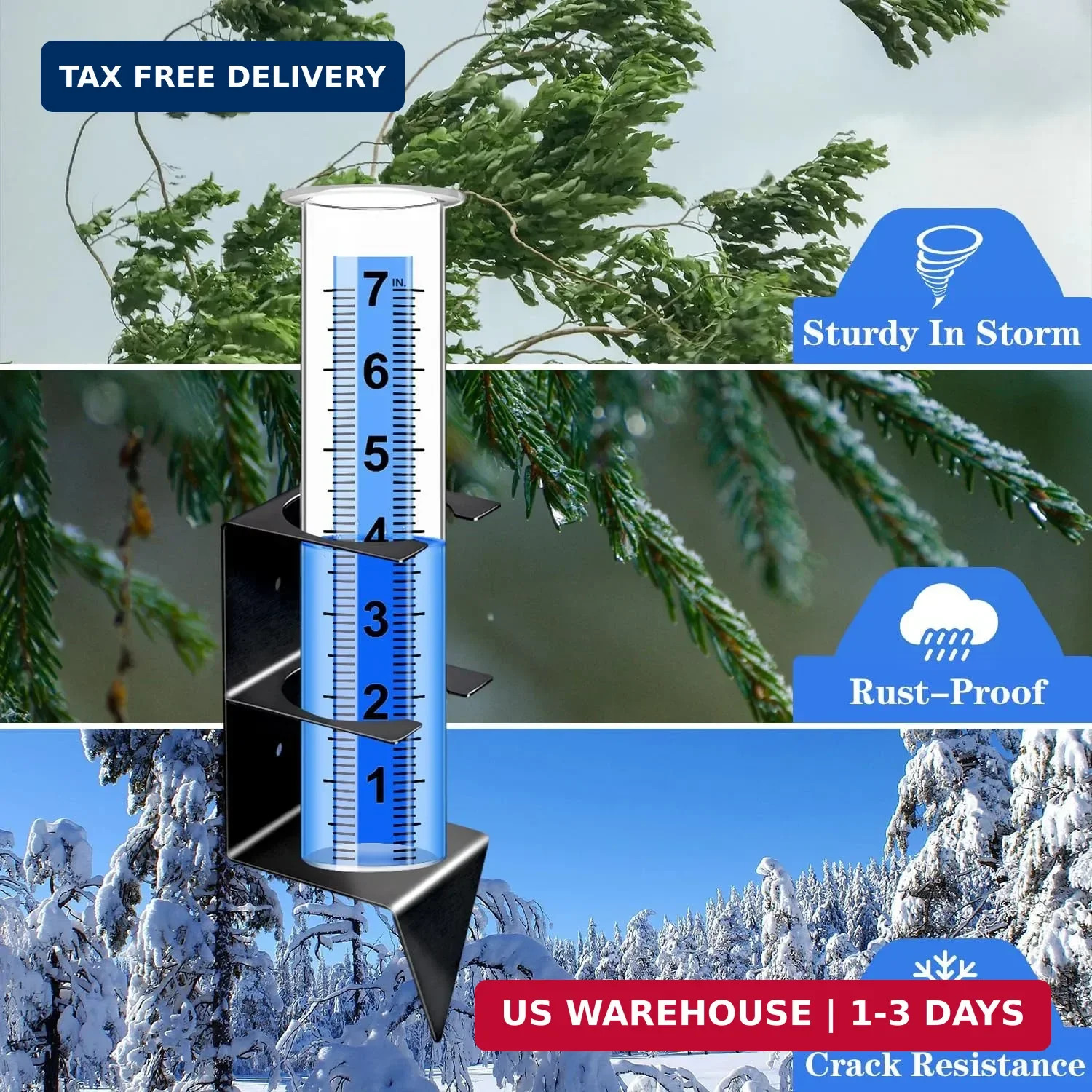 Outdoor Rain Gauge 7 Inch with Black Stainless Steel Bracket, Freeze-Proof Clear