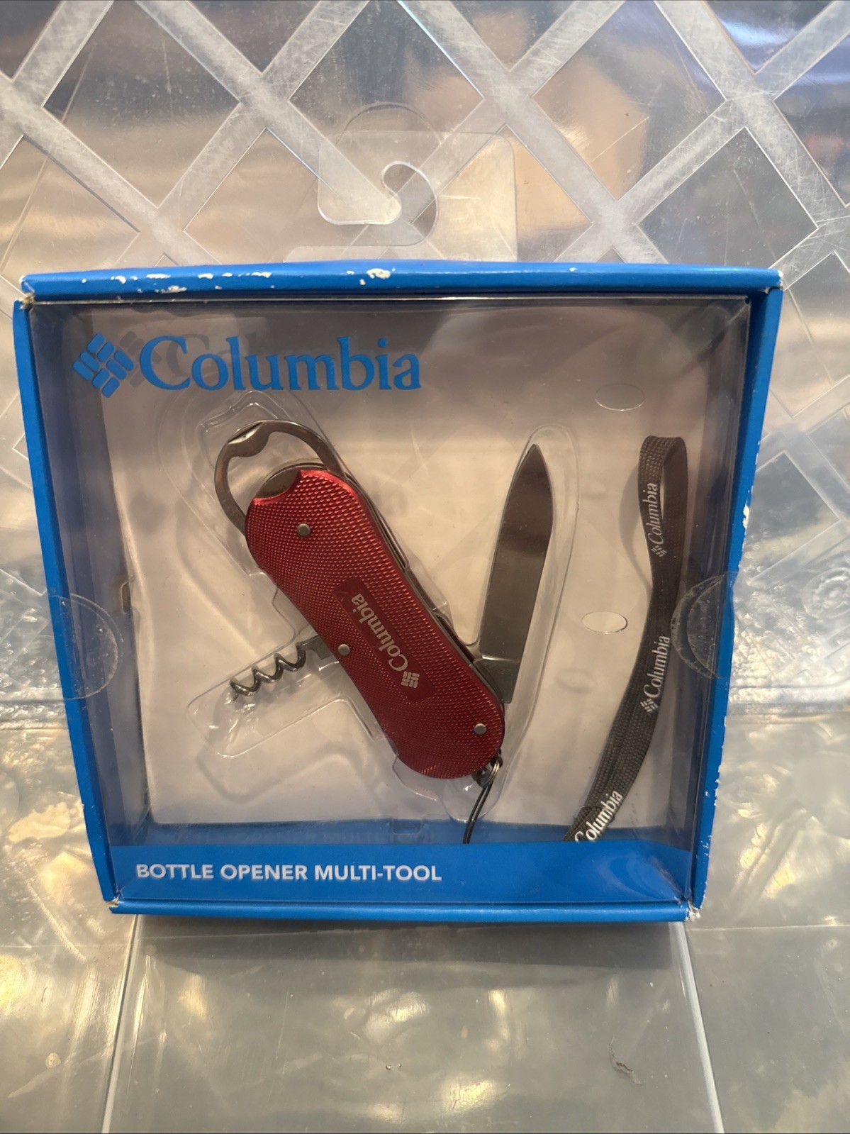 NEW Columbia FIRE RED Bottle Opener Pocket Knife Multi-Tool w/Lanyard In Box