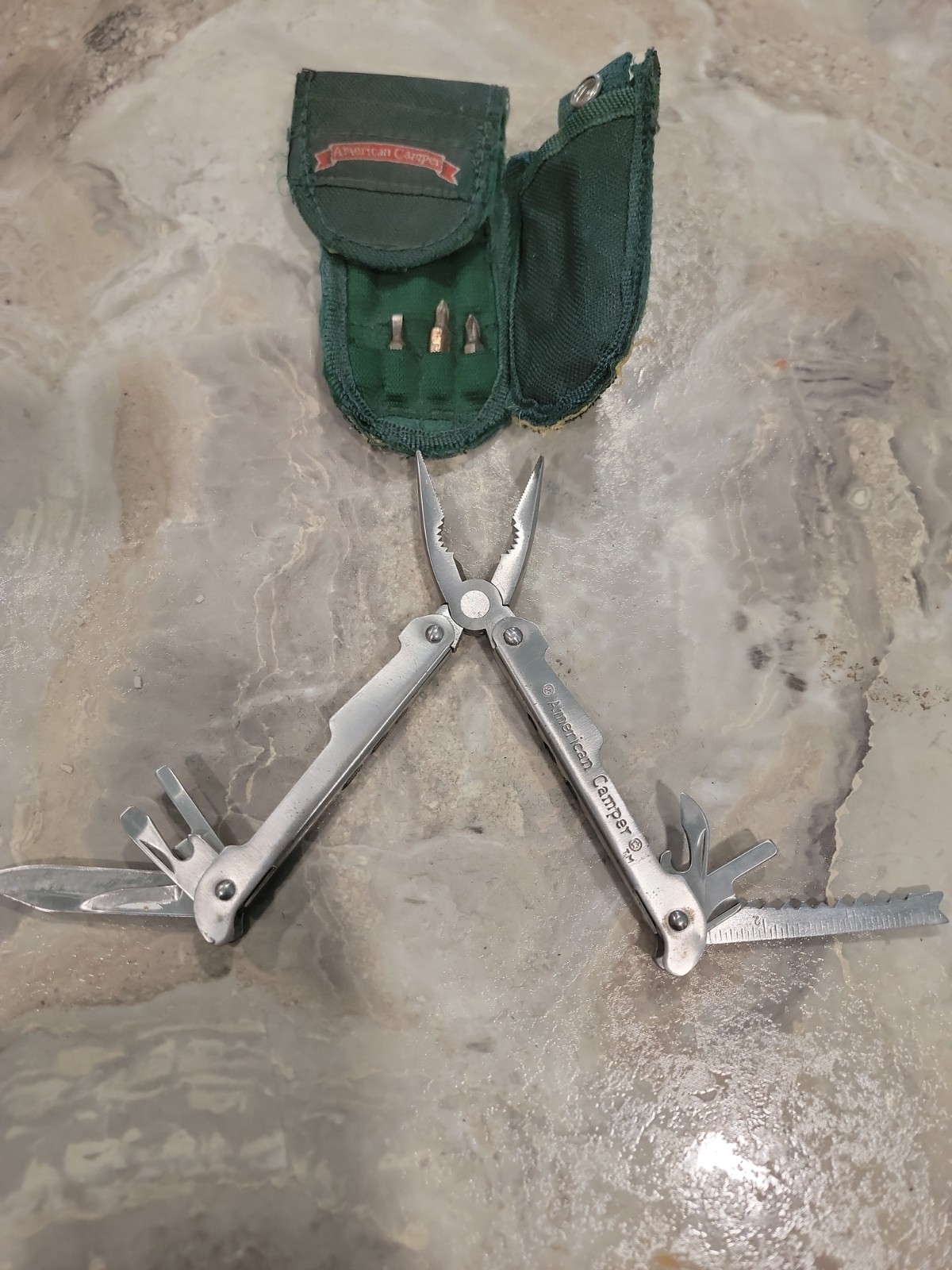 Vintage American Camper Stainless Steel Multi Tool W/ Nylon Case & Bits Pat Pend