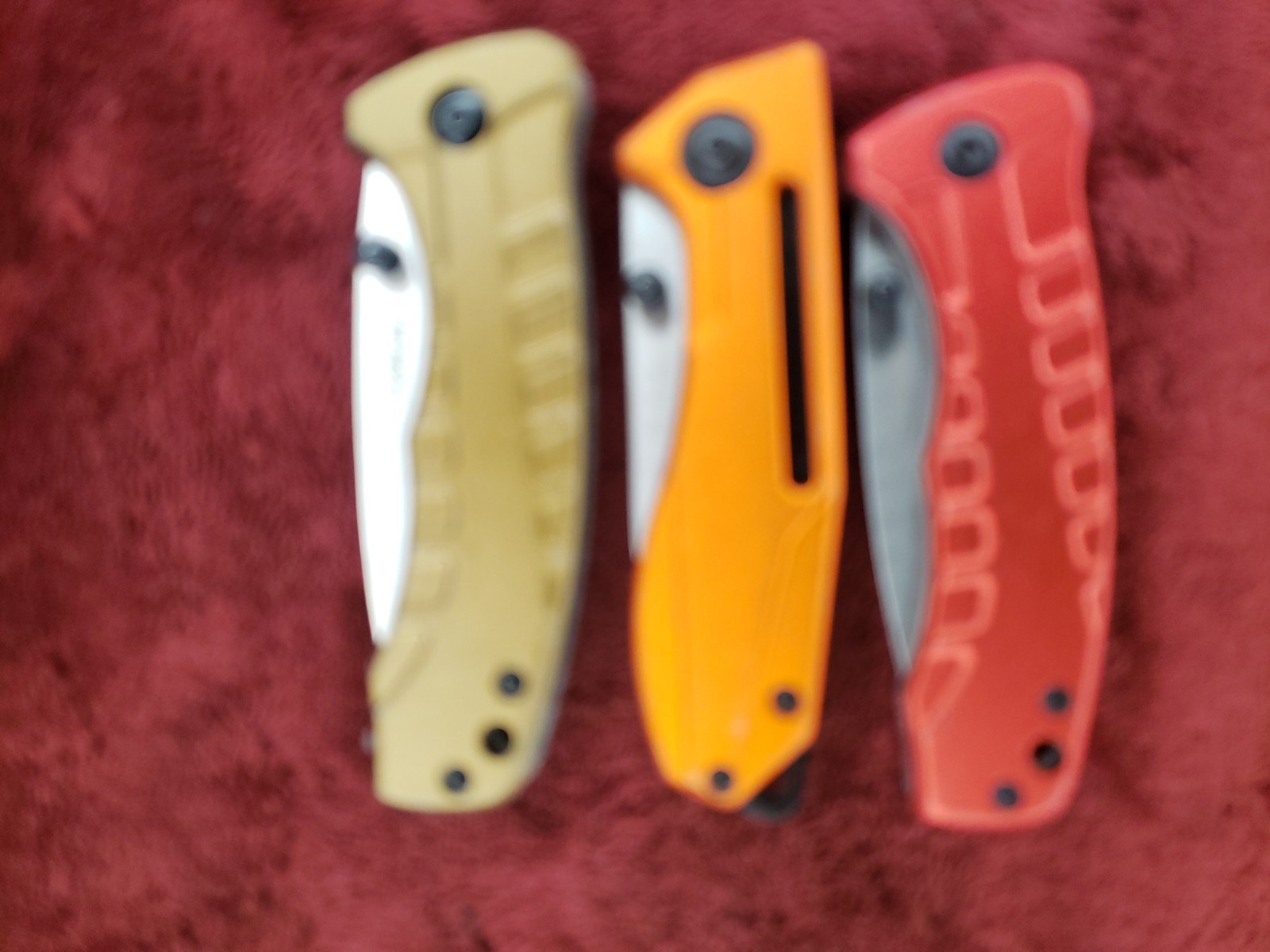 Lot 3 Cabela’s Plain Edge Liner Lock Aluminum Scale Folding Red Orange Tan