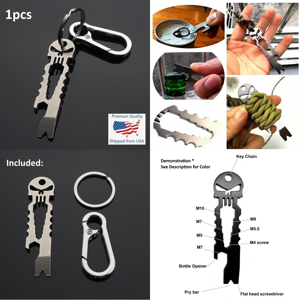 Skull Keychain Crowbar Screwdriver Hex Wrench Carabiner Clip Key Ring Opener EDC