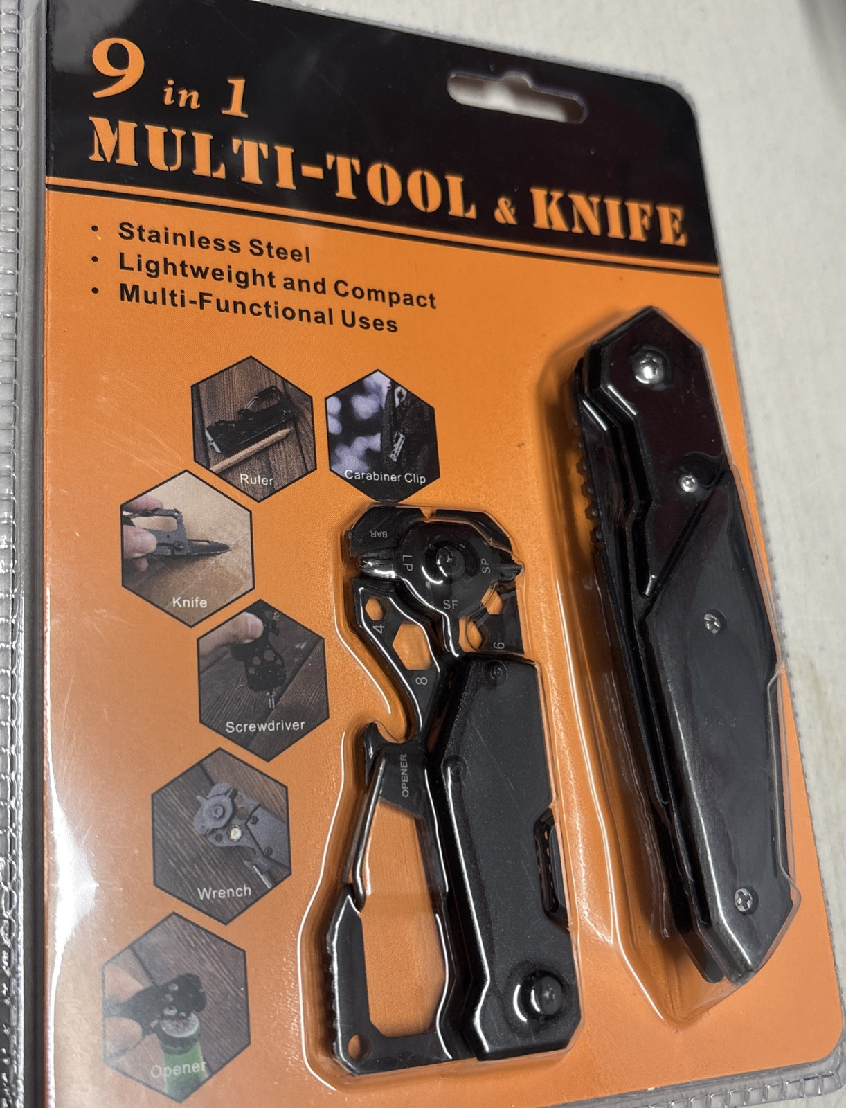 9-In-1 Pocket Knife And Multi-tool, Black, Unbranded, New In Package Carabiner