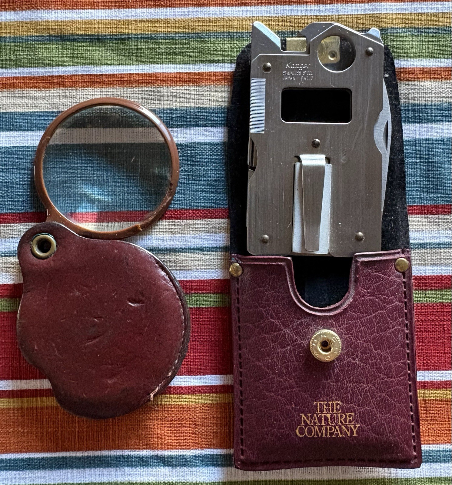 Vintage Stainless Steel Multi-Tool + Magnifier in Nature Leather Case