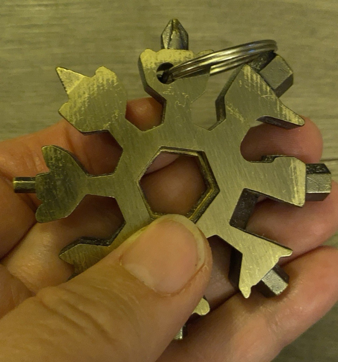Brass Keychain Multi Tool Snowflake Metal Goldish Color 8 Different Tool Heads