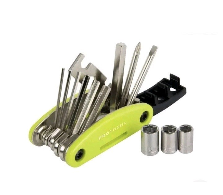 Protocol Wheel Handy Bicycle Multi Tool Neon Green New 15 Functions Nylon Case
