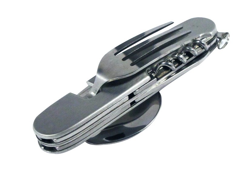 Hobo Camping Pocket Knife Fork & Spoon Can & Bottle Opener Cork Screw Utensil