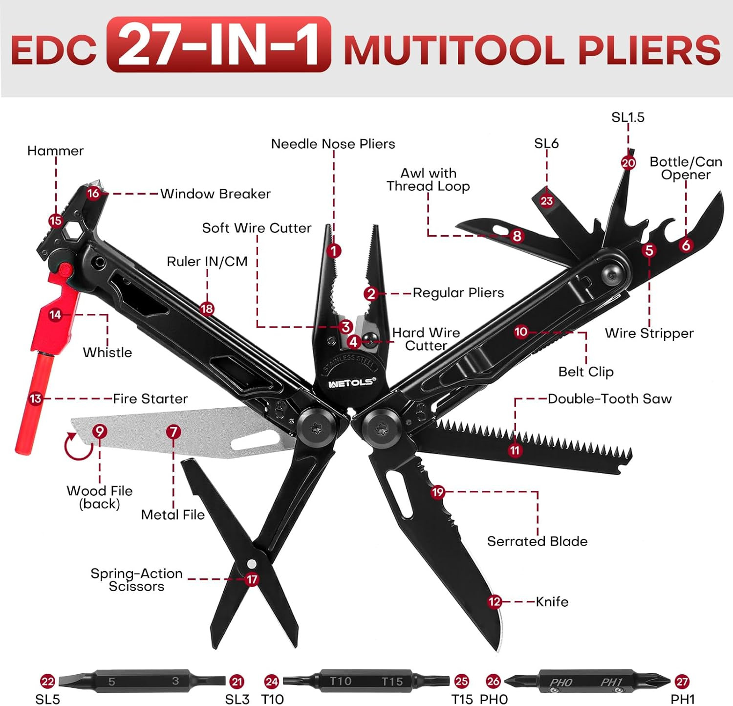 Multitool with Pocket Knife, 27-In-1 Stainless Steel Needle Nose Pliers with Scr