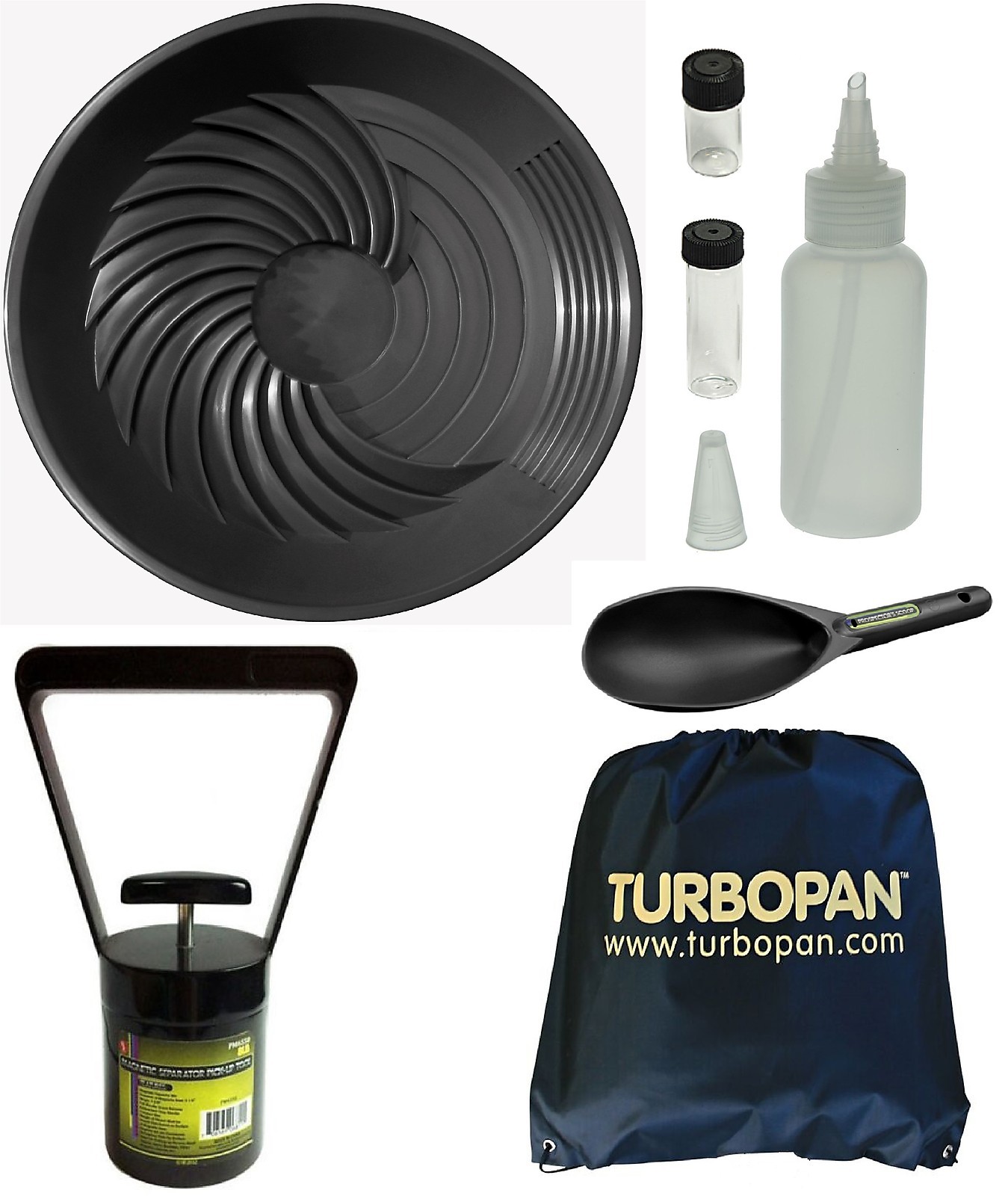Turbopan BLACK 16″ Gold Pan/Snuffer/Vials/Magnet/Sand Scoop/Carry Bag Panning