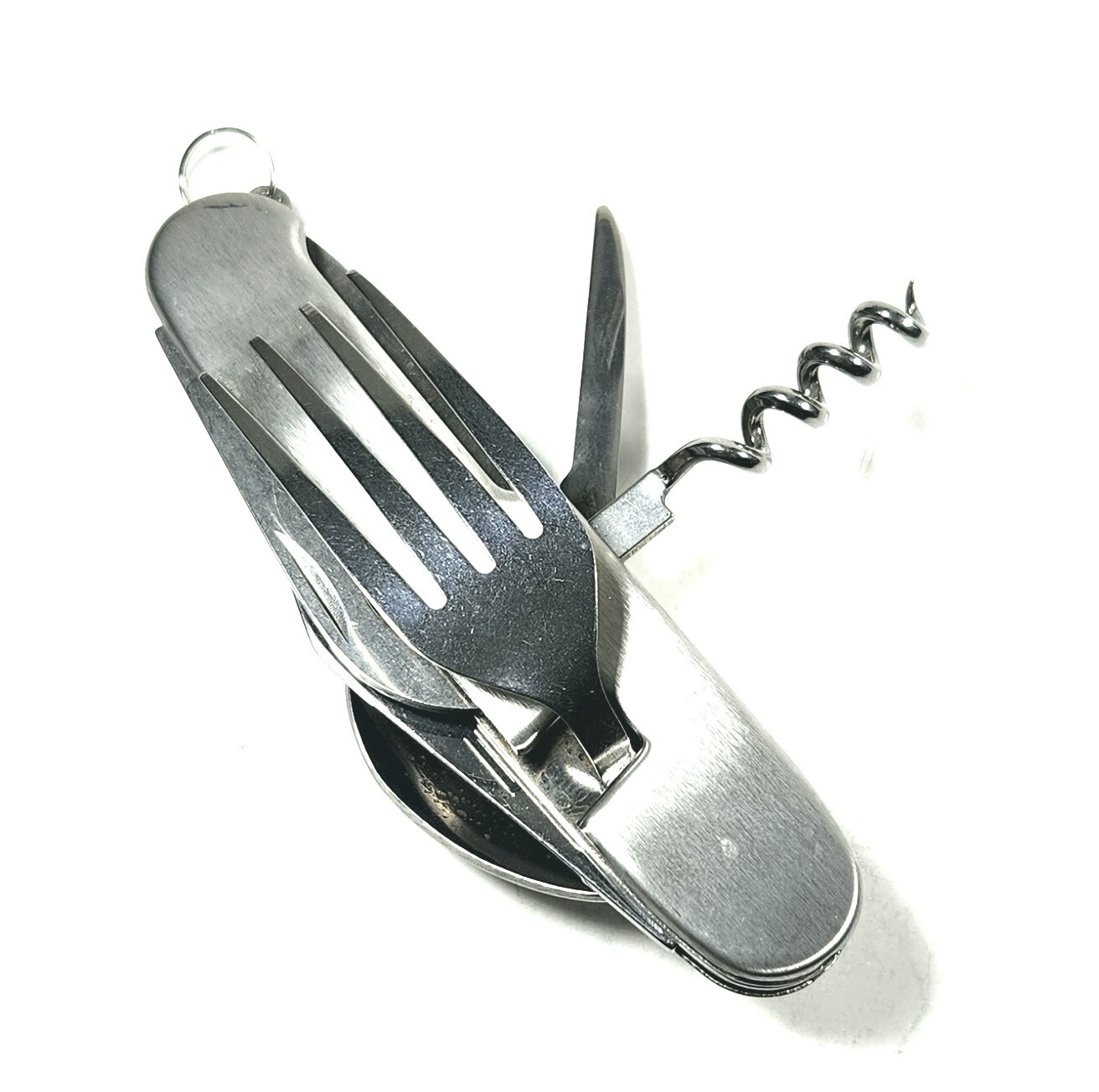 Hobo Camping Pocket Knife Fork & Spoon Can & Bottle Opener Cork Screw Utensil