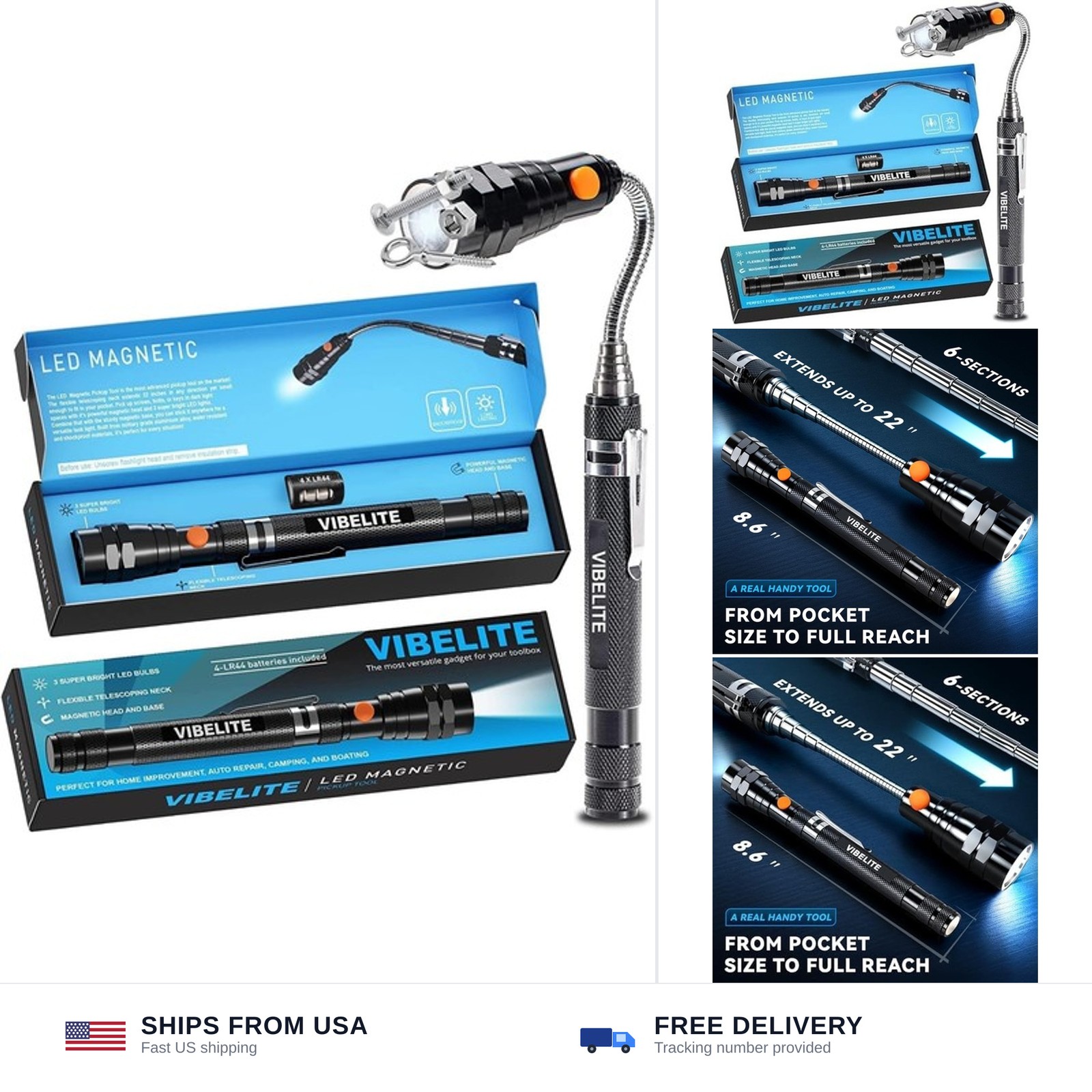 VIBELITE Extendable Magnetic Flashlight with Telescoping Magnet Pickup Tool-F…