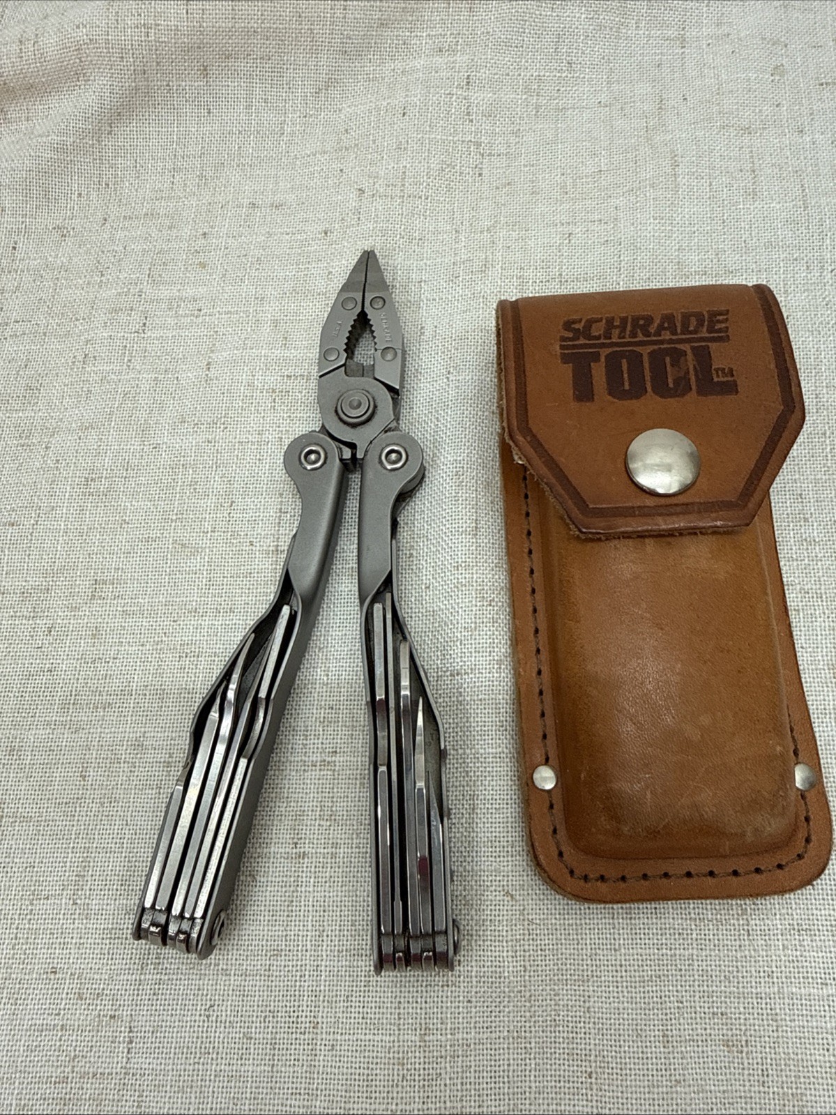 Vintage Schrade Tough Tool ST1 Multi-Tool Pliers Knife w Leather Sheath Nice!