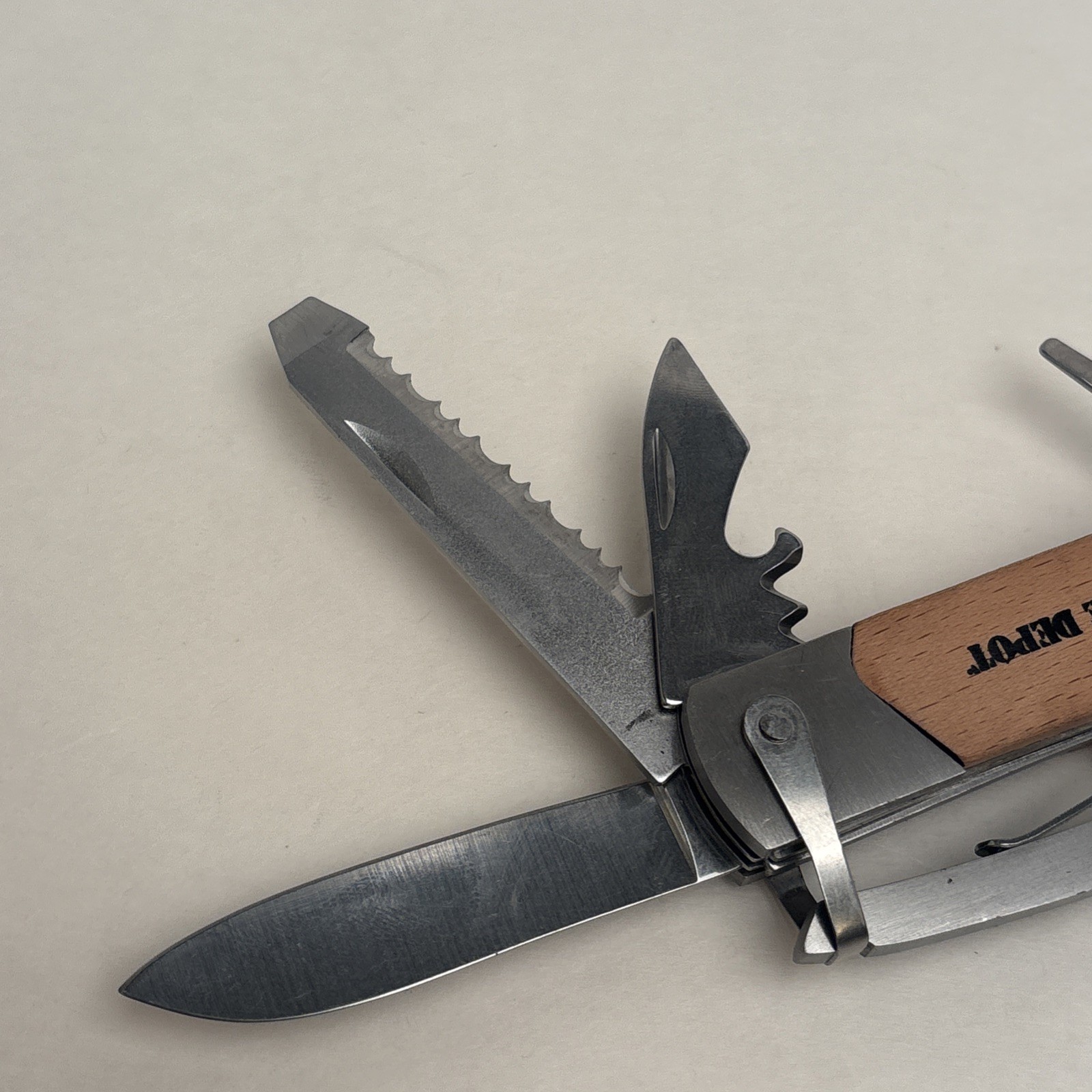 The Home Depot Wood Branded Mulitool Hammer Pliers Knife Saw File DIY Hunt Camp