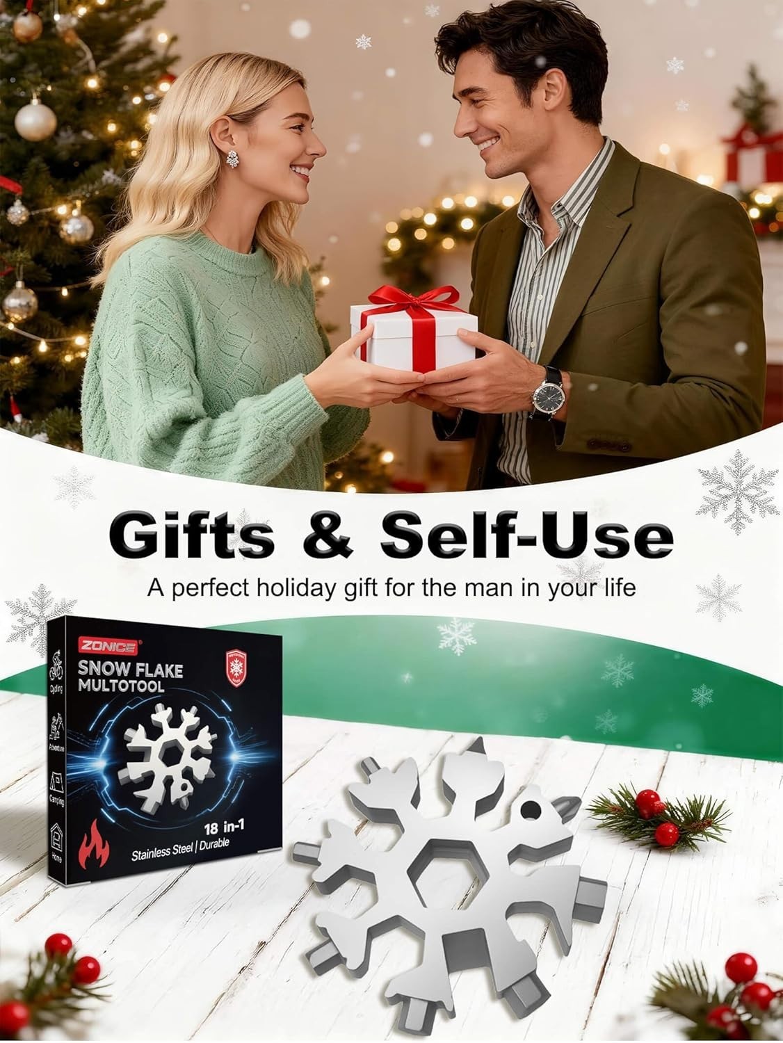 18-in-1 Snowflake Multi Tool – Stainless Steel with Bottle Opener & Wrench,Compa