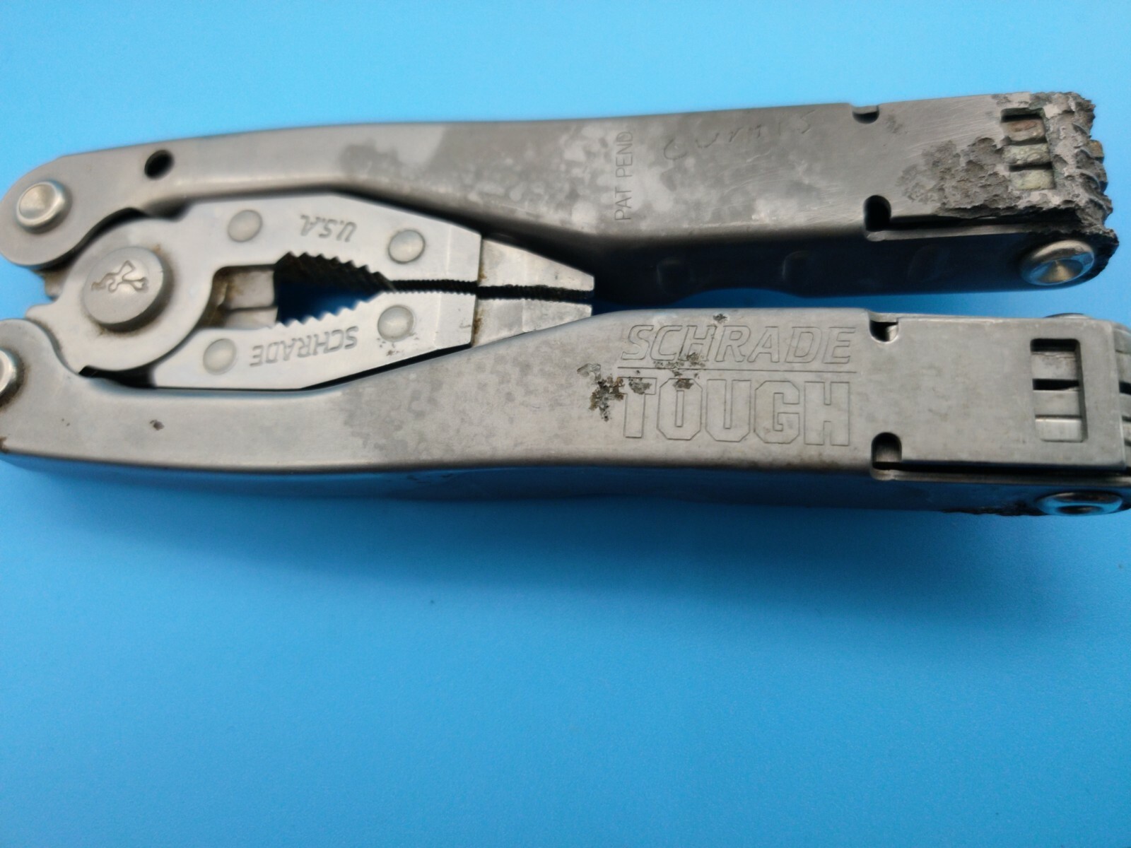 USED Schrade Tough multi tool folding pliers Made in USA All in one DAMAGED
