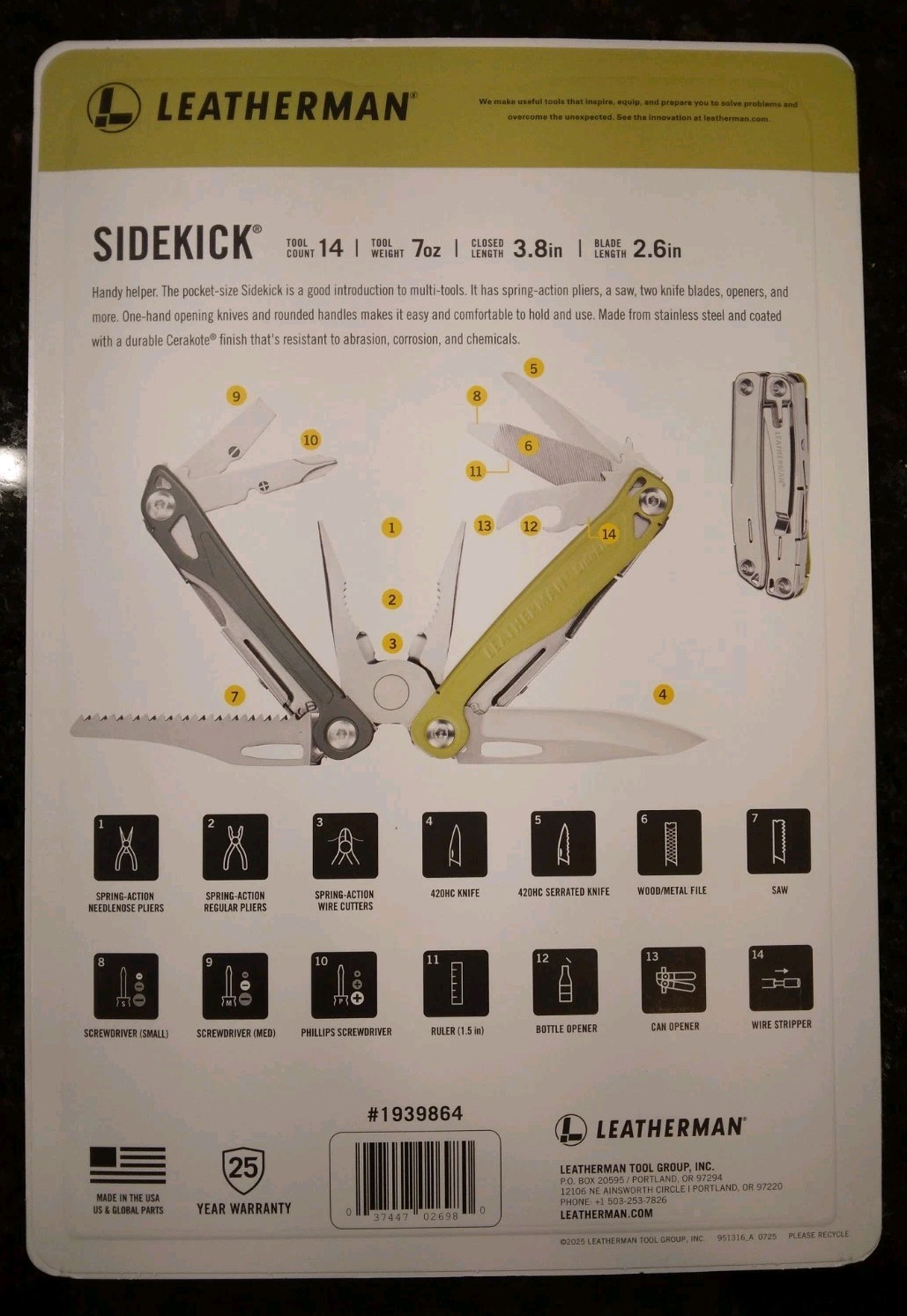 LEATHERMAN SIDEKICK® 14 Tool Stainless Steel Multi-Tool Green with Nylon Sheath