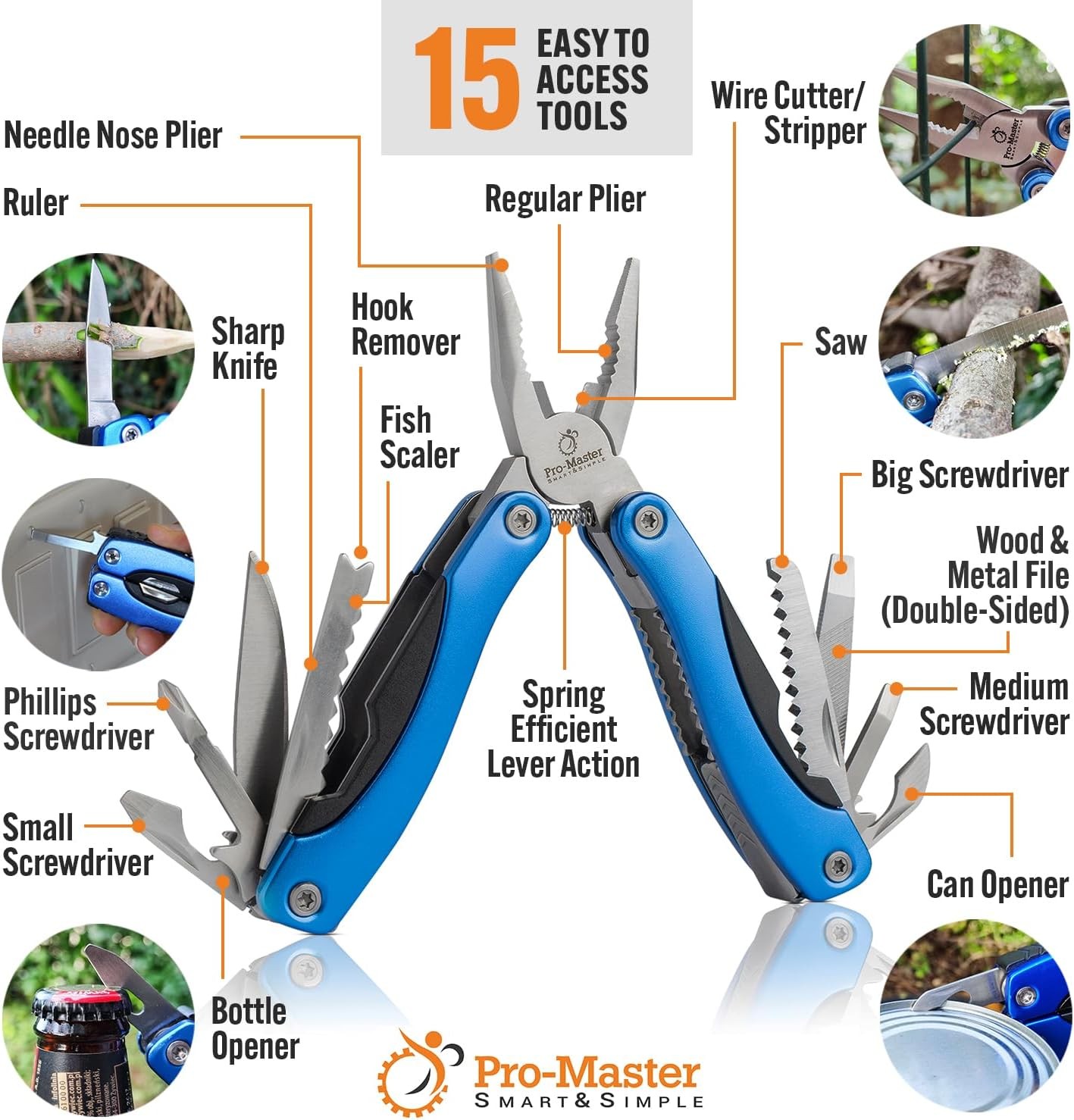 15-in-1 Multitool with Safety Locking, Stainless Steel Pocket Knife & Pliers, Co