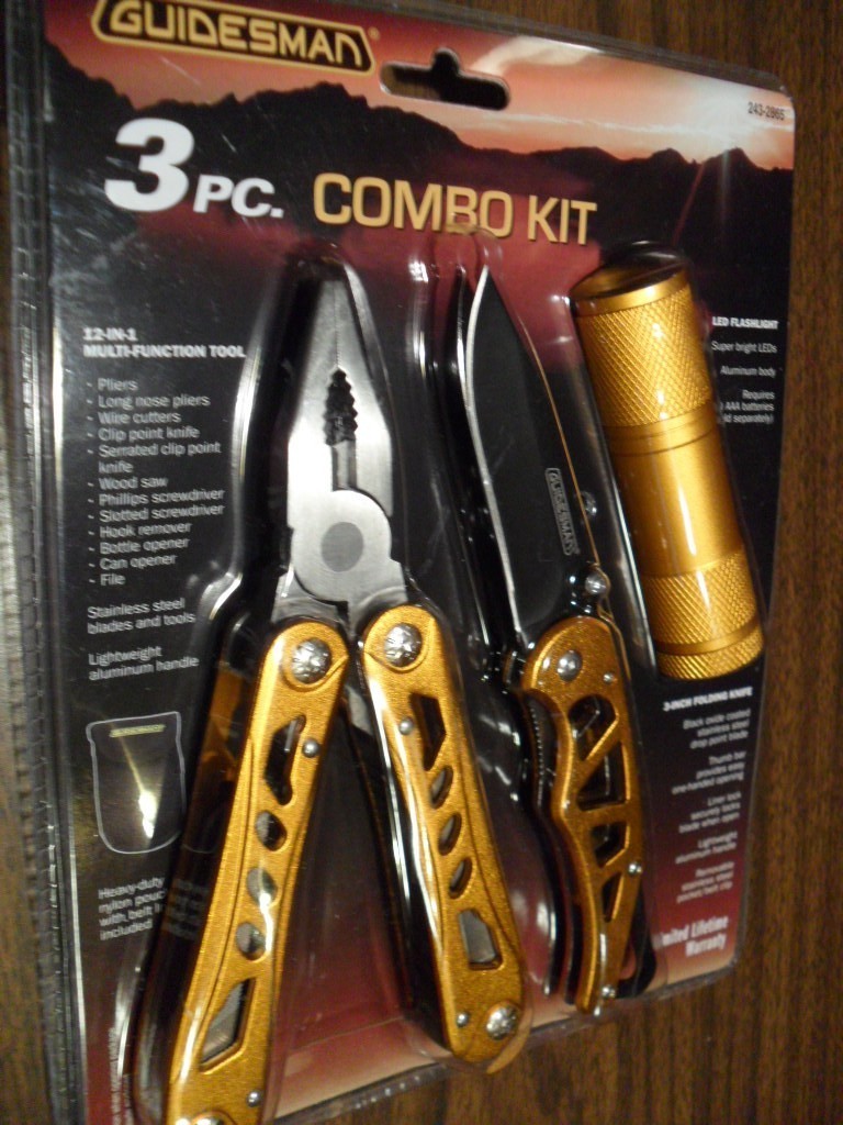 Guidesman 3 pc Combo Kit, Stainless Steel Blade Knife+Flash Light+12-in-One Tool