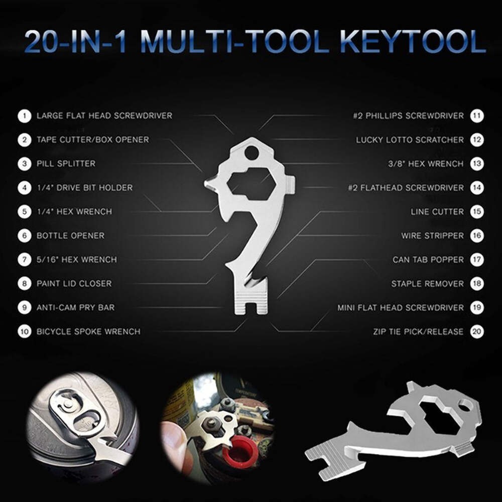 20-in-1 Stainless Steel Multi Tools Key Ring EDC Screwdriver Wrench Opener Set P