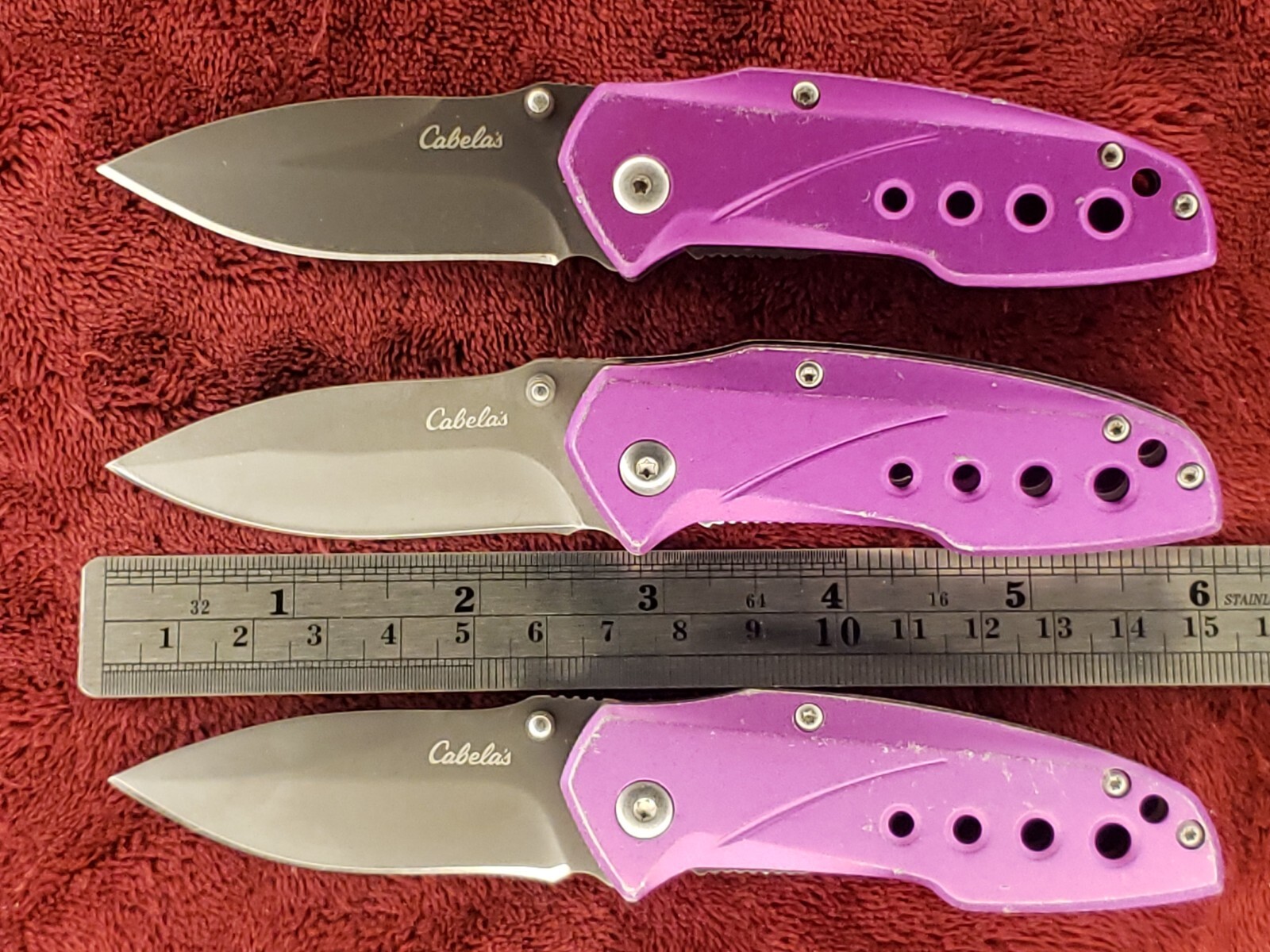 Lot 3 Cabela’s Plain Edge Liner Lock Aluminum Scale Folding Purple