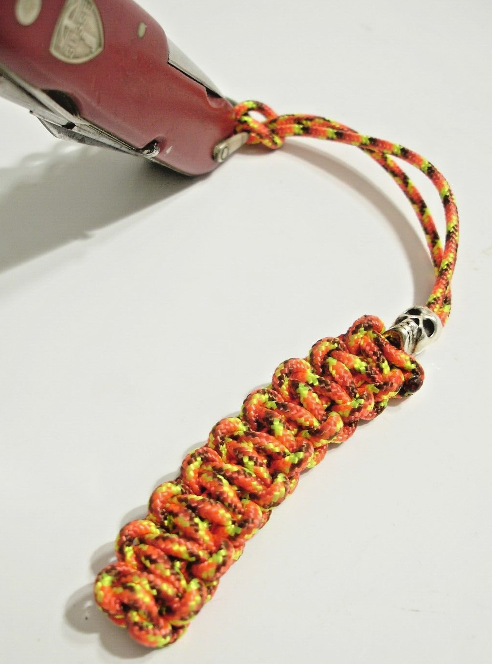 Handmade in USA Paracord Knife Lanyard Keychain “Fire” Color w/ Metal Skull Bead