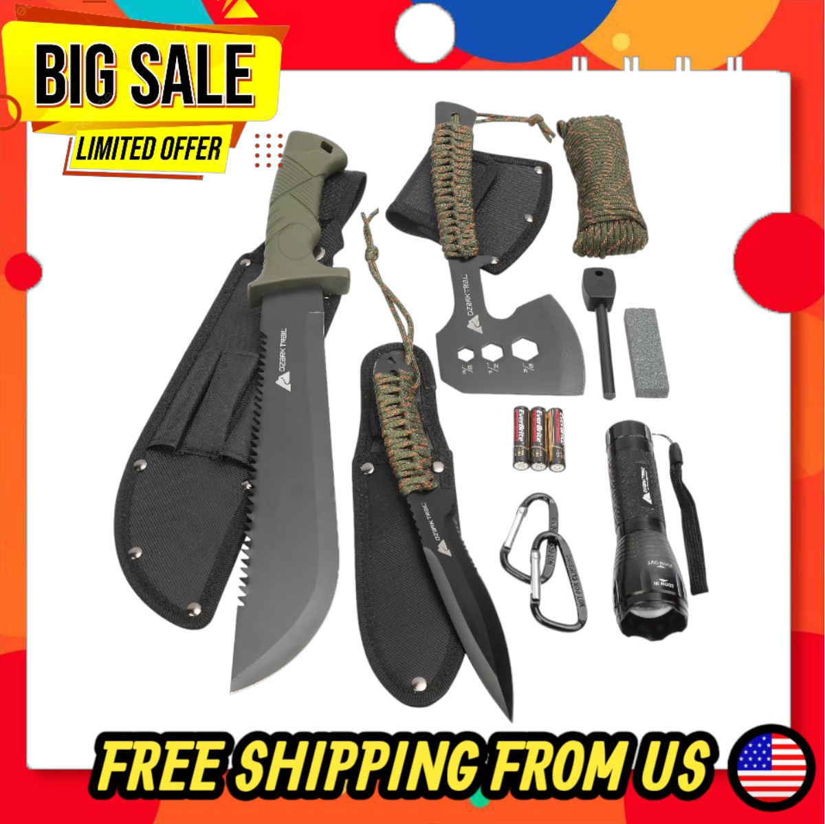 Ozark Trail 12-Pack Camping Tool Set with Machete, Hatchet, Knife, Flashlight