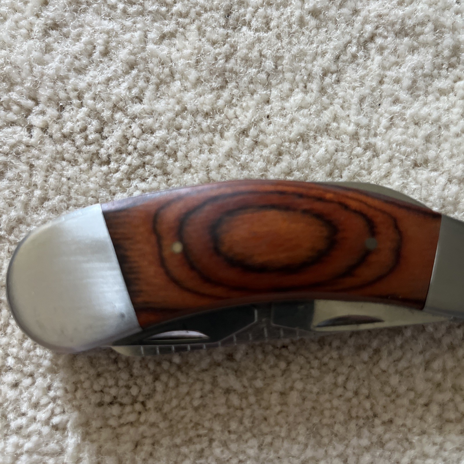 Camping Knife Wooden Handle with 7 Different Tools Attached with a Hanging Ring