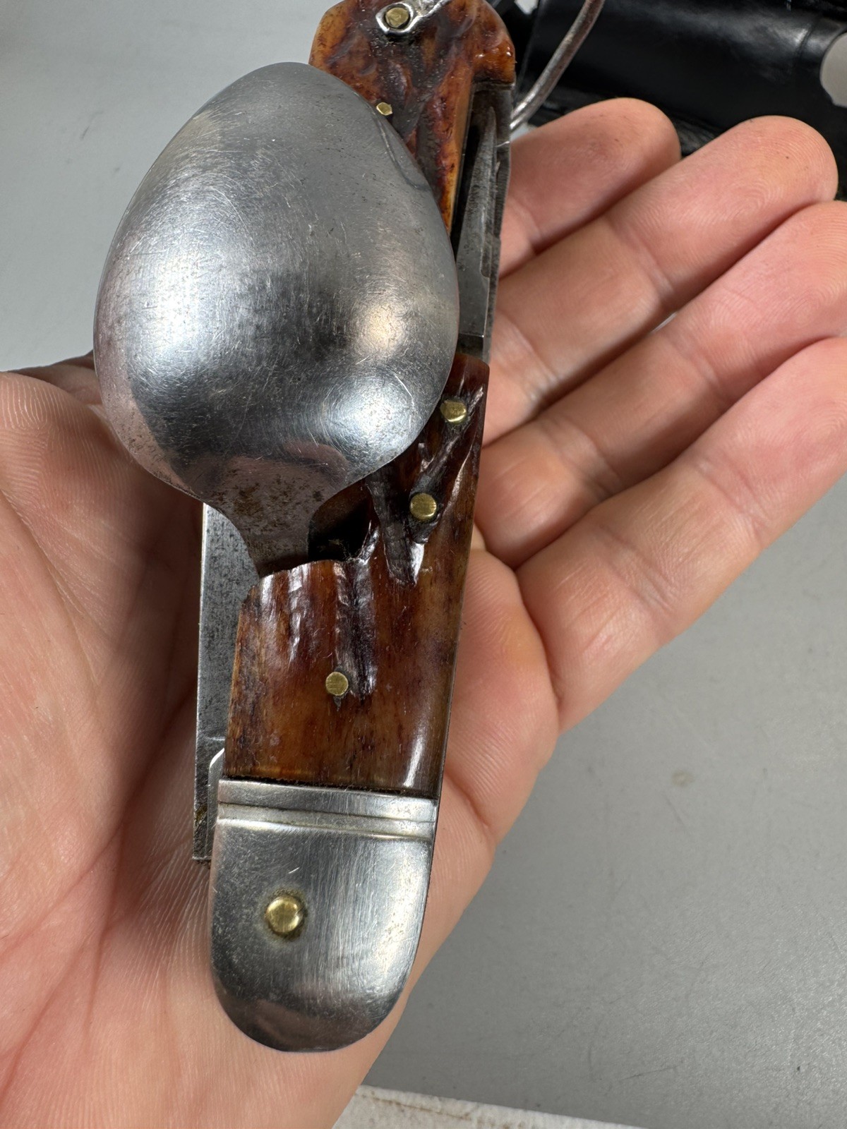 VTG Camping Multi Tool Europe Knife w Spoon Fork Scissors Corkscrew Leather Case