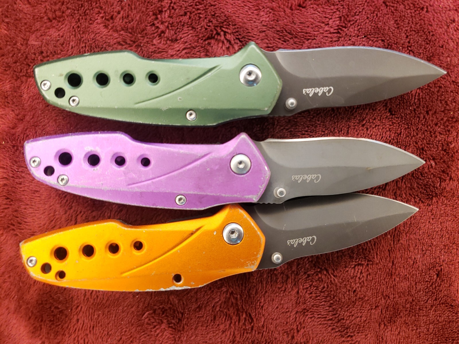 Lot 3 Cabela’s Plain Edge Liner Lock Aluminum Scale Folding Green Purple Orange